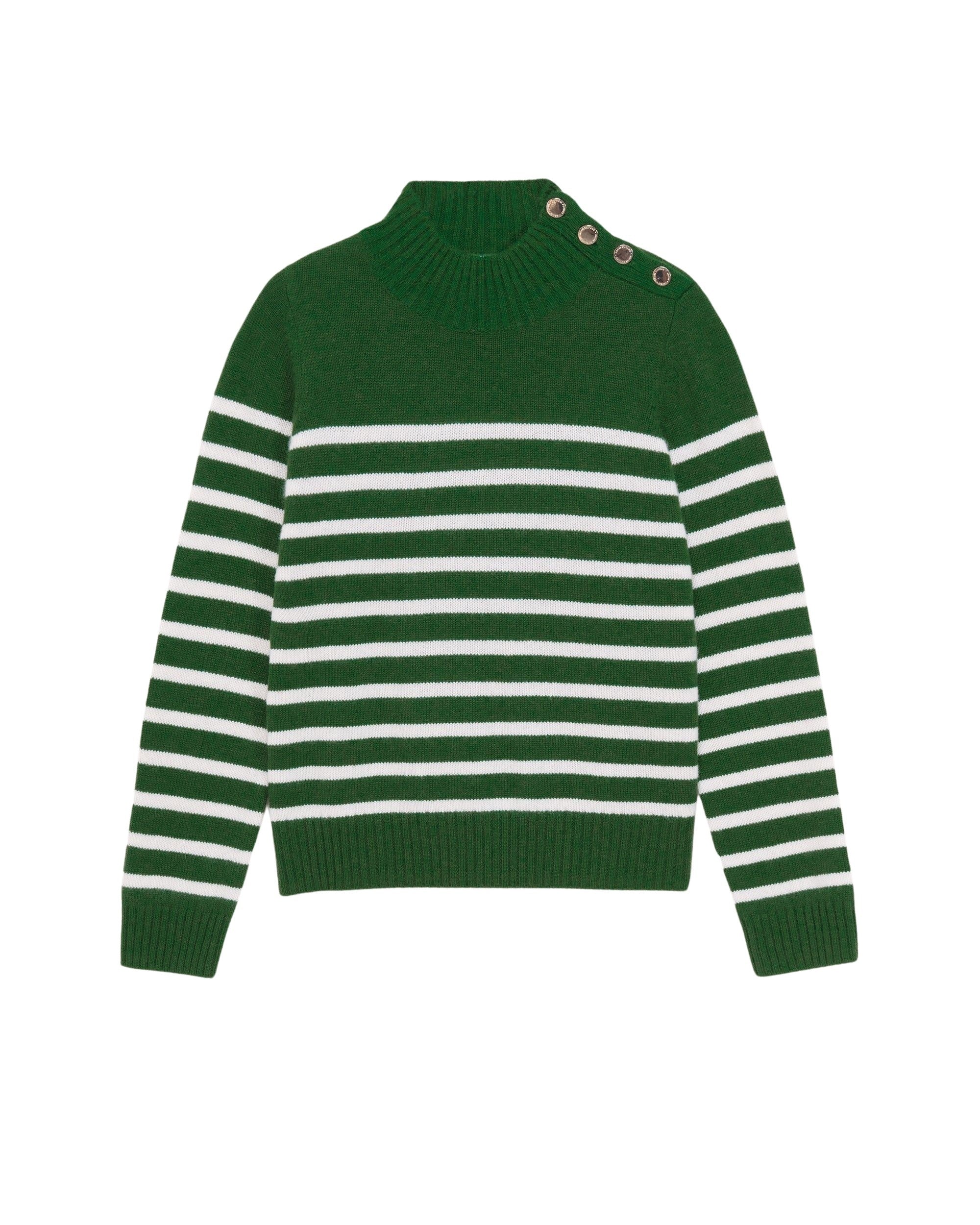 Pull marinière à col montant à bouton en cachemire - Pine Green
