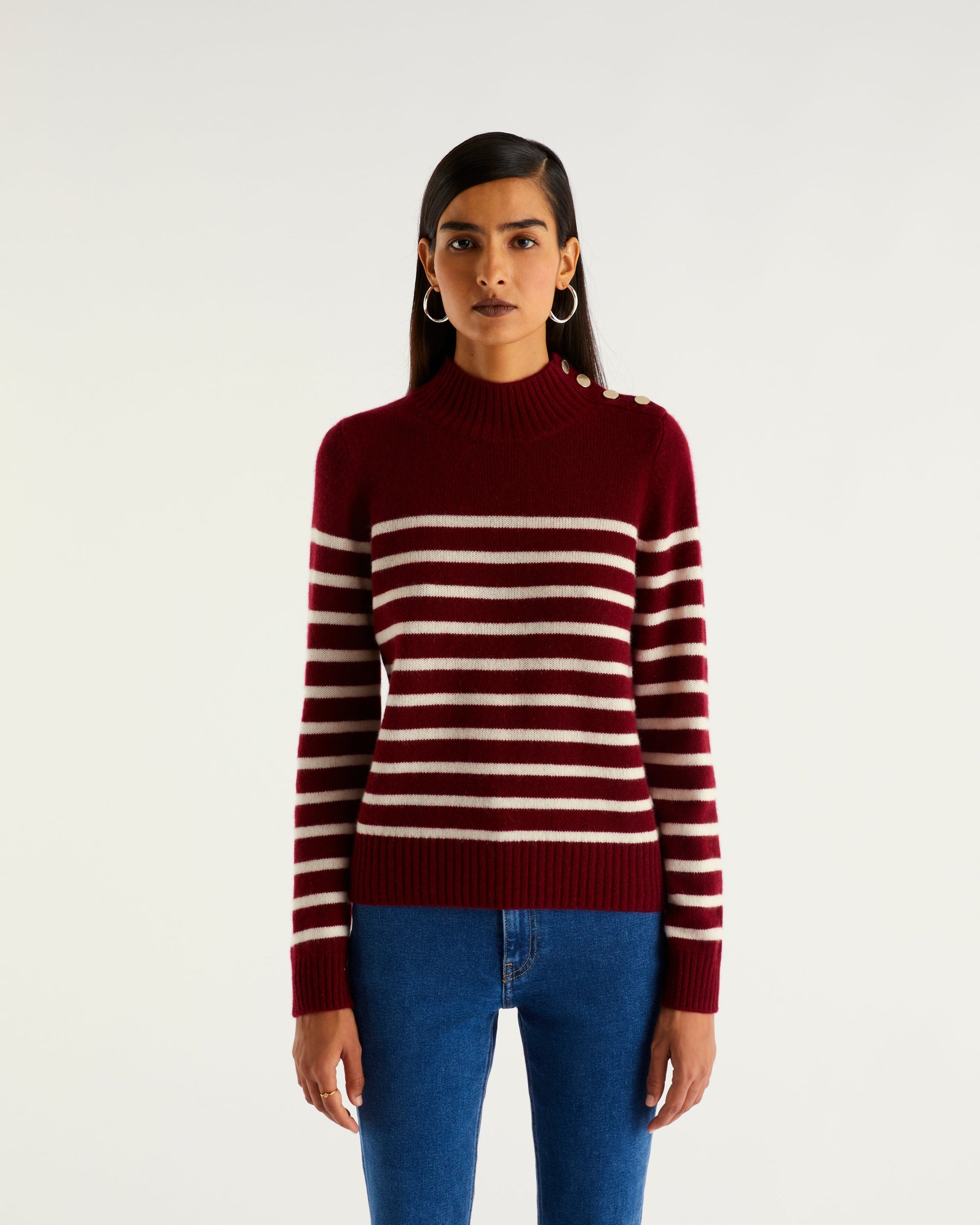 Pull marinière à col montant à bouton en cachemire - Pine Green