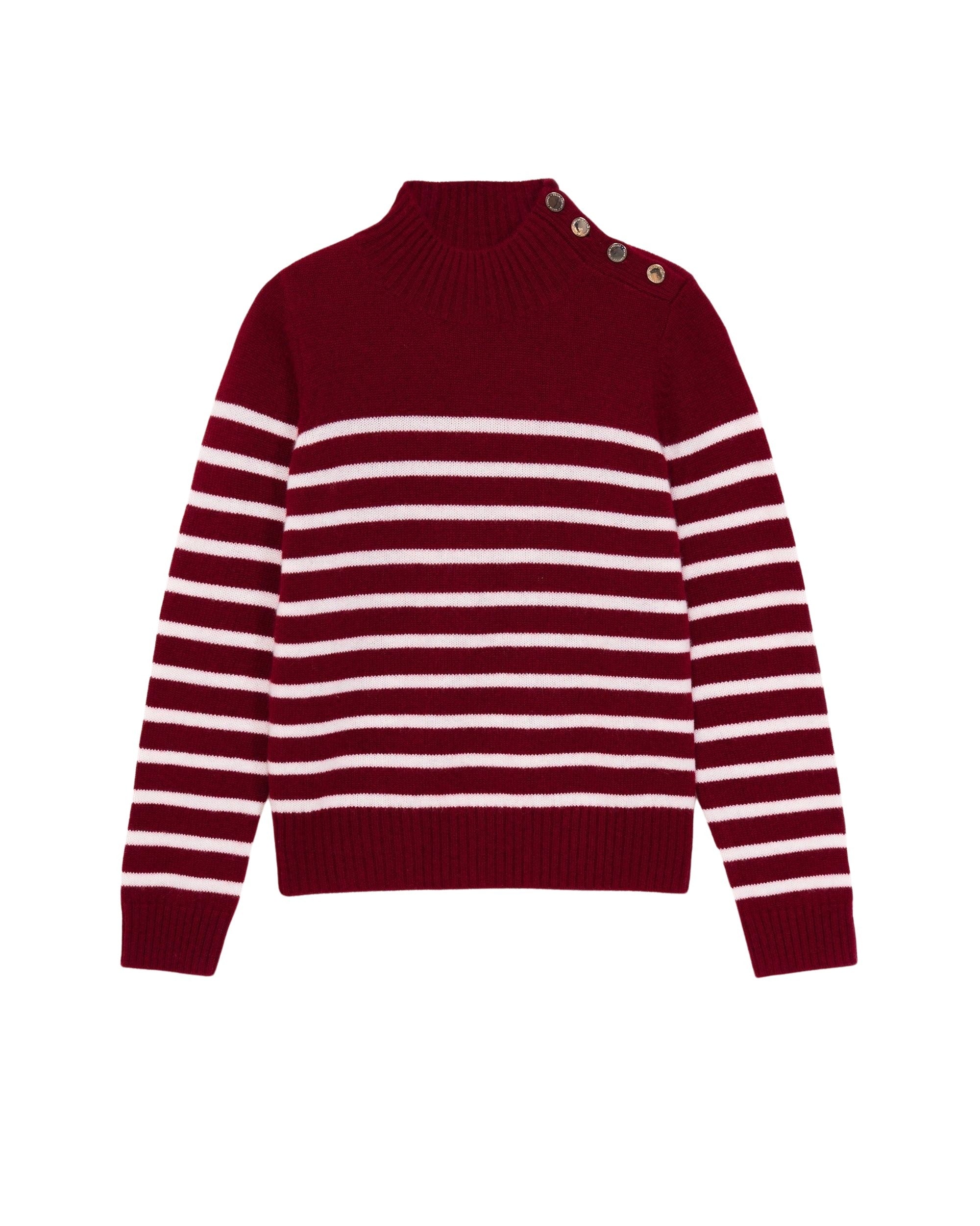 Pull marinière à col montant à bouton en cachemire - Prune