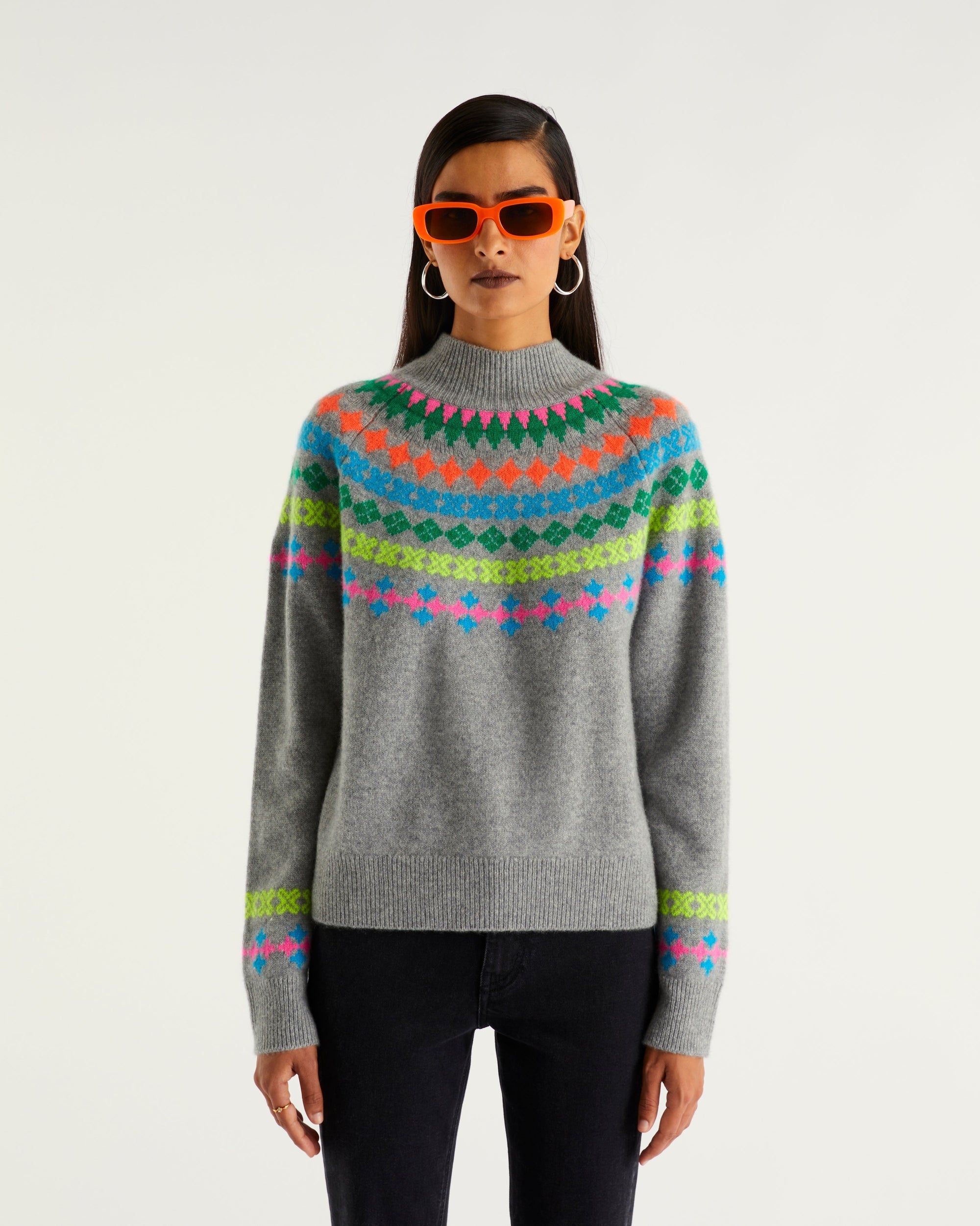 Pull à col montant norvégien multicolore en cachemire - Dark Heather Gray