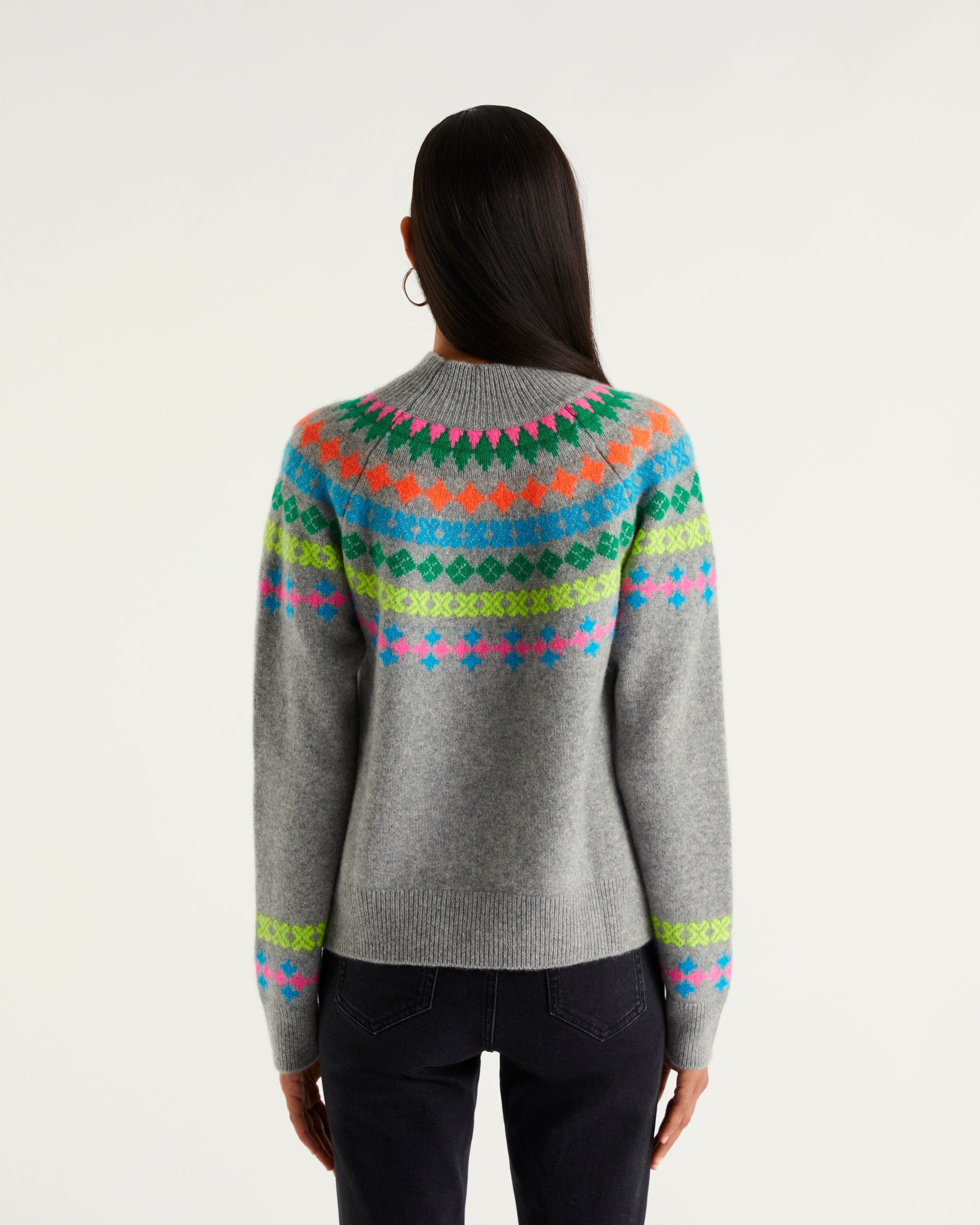 Pull à col montant norvégien multicolore en cachemire - Dark Heather Gray