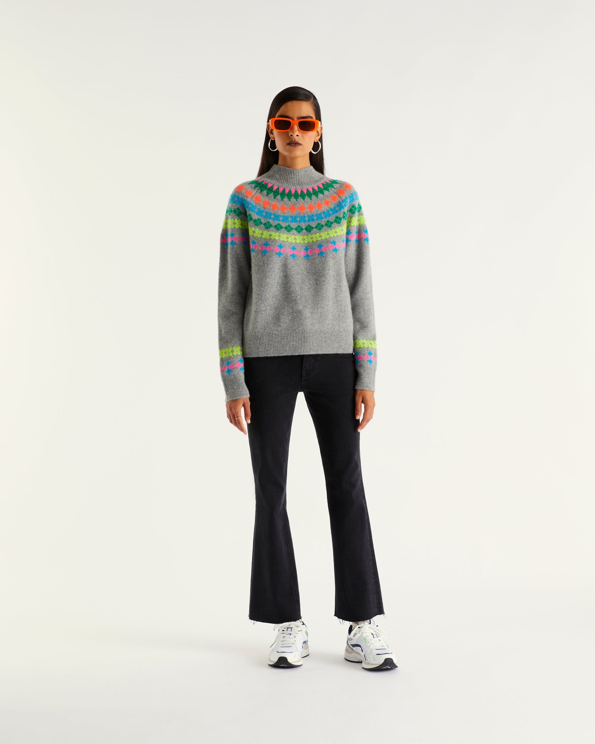Pull à col montant norvégien multicolore en cachemire - Dark Heather Gray
