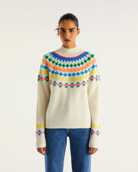 Pull à col montant norvégien multicolore en cachemire - Ecru
