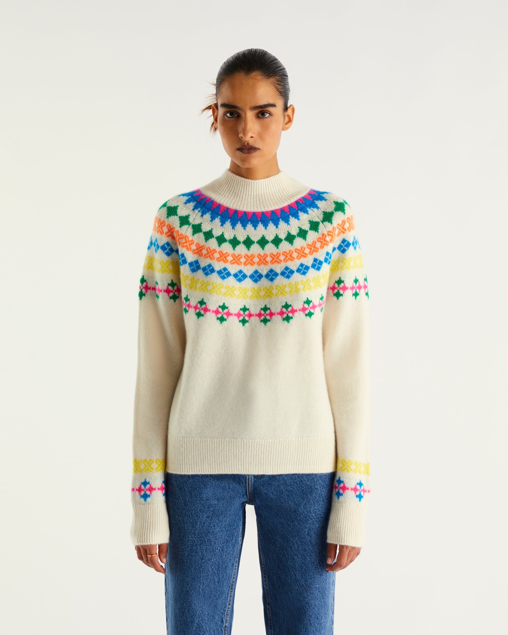Pull à col montant norvégien multicolore en cachemire - Ecru