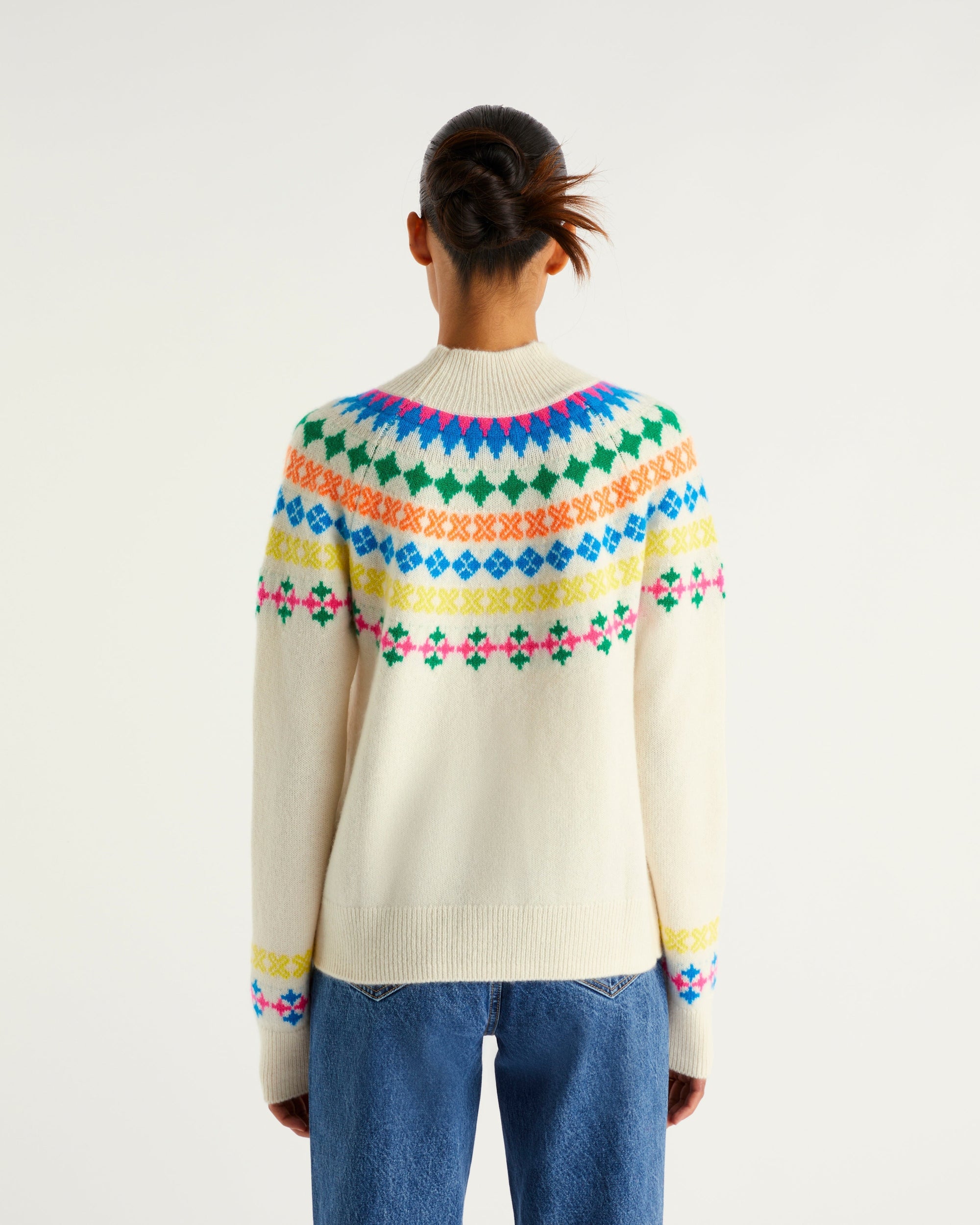 Pull à col montant norvégien multicolore en cachemire - Ecru