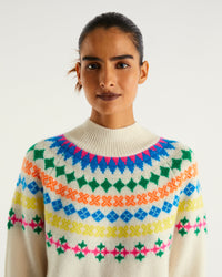 Pull à col montant norvégien multicolore en cachemire - Ecru