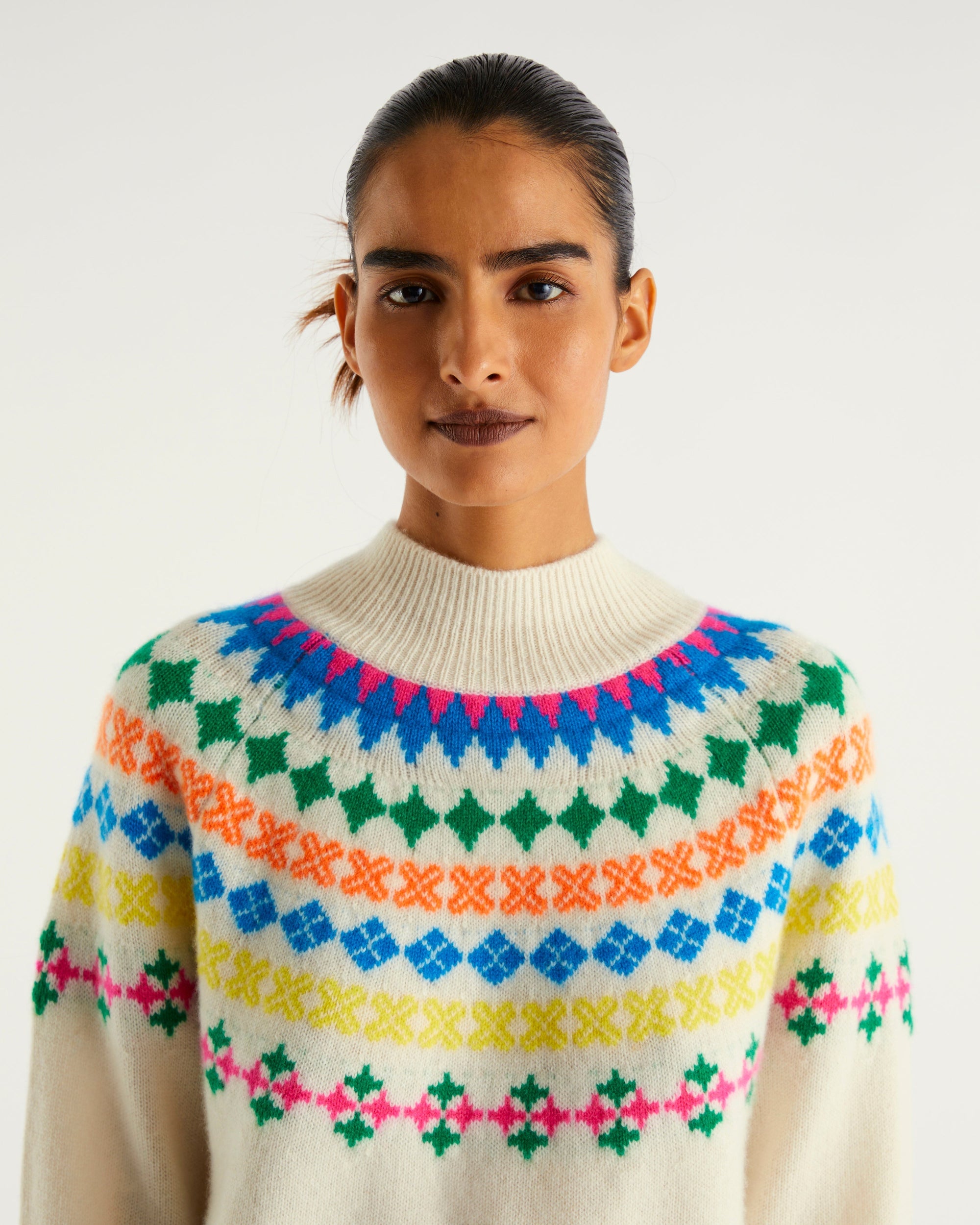 Pull à col montant norvégien multicolore en cachemire - Ecru