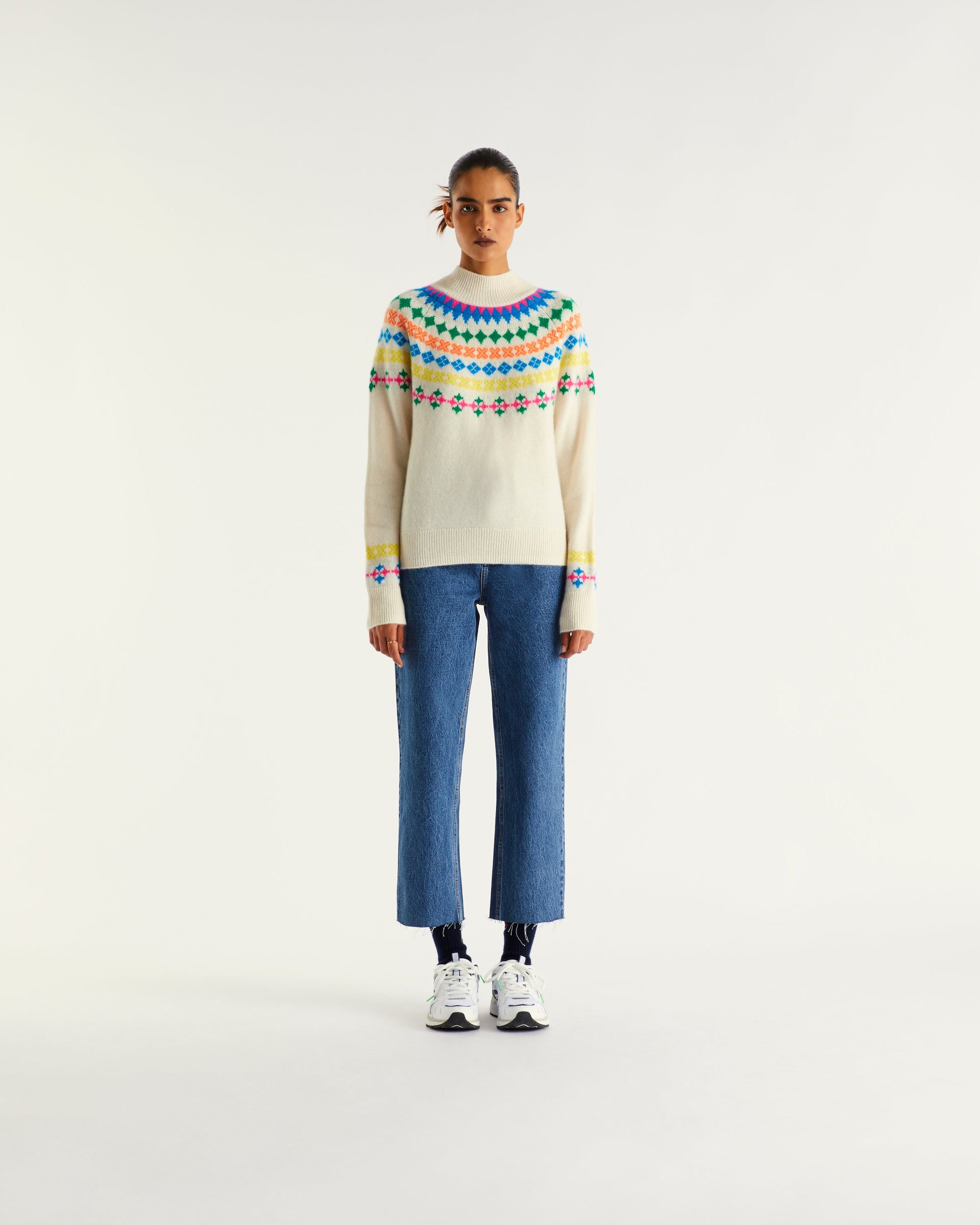 Pull à col montant norvégien multicolore en cachemire - Ecru