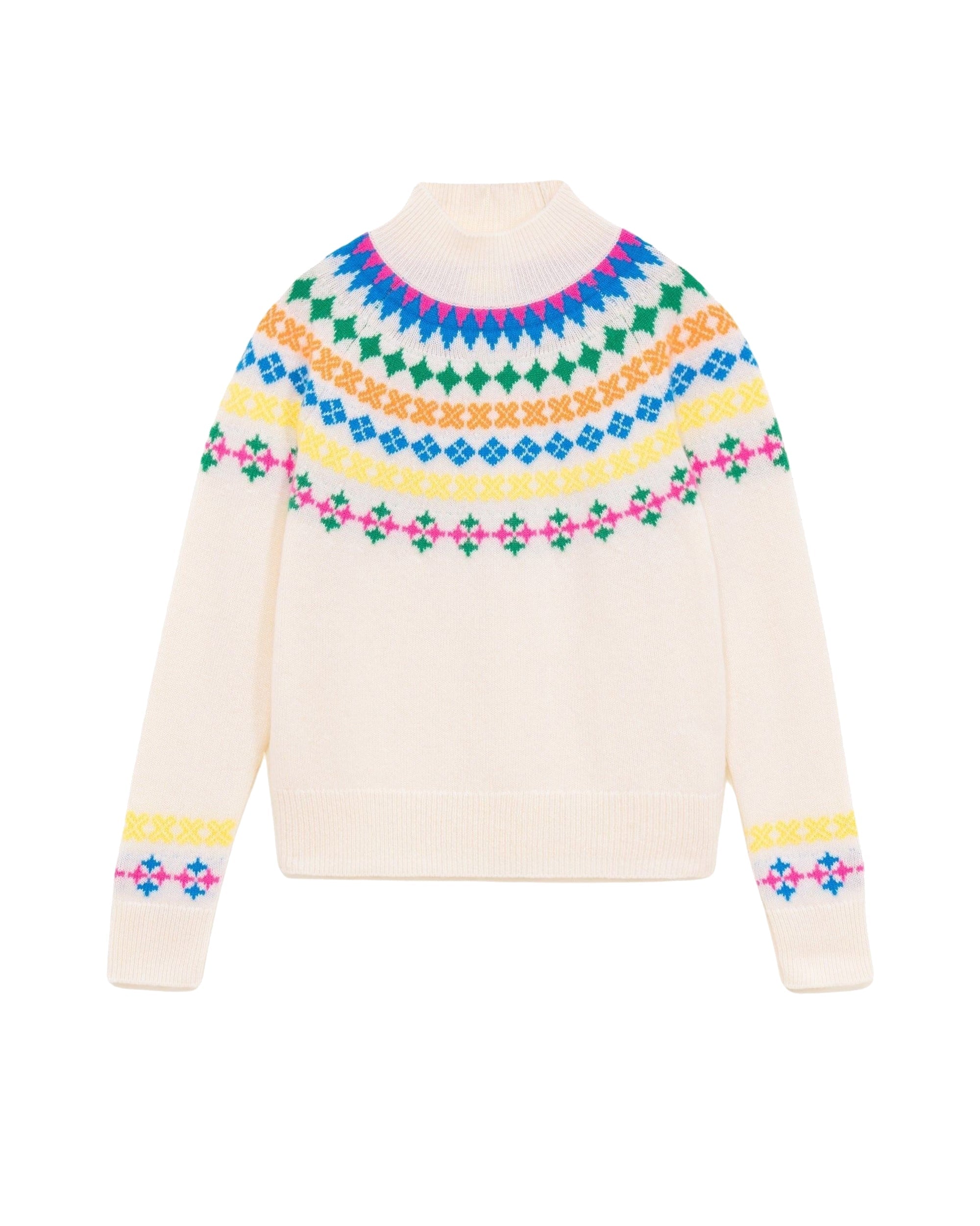 Pull à col montant norvégien multicolore en cachemire - Ecru