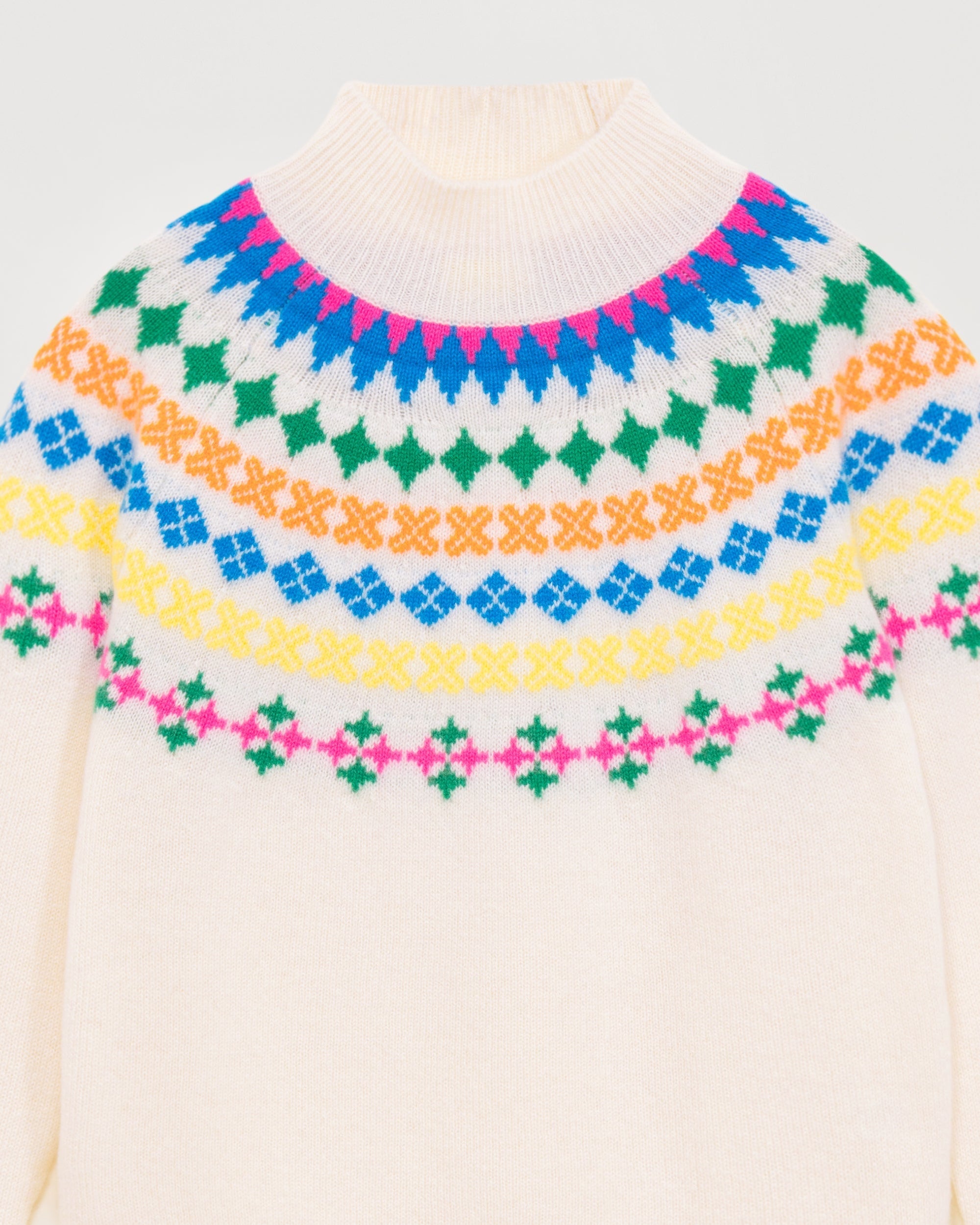 Pull à col montant norvégien multicolore en cachemire - Ecru