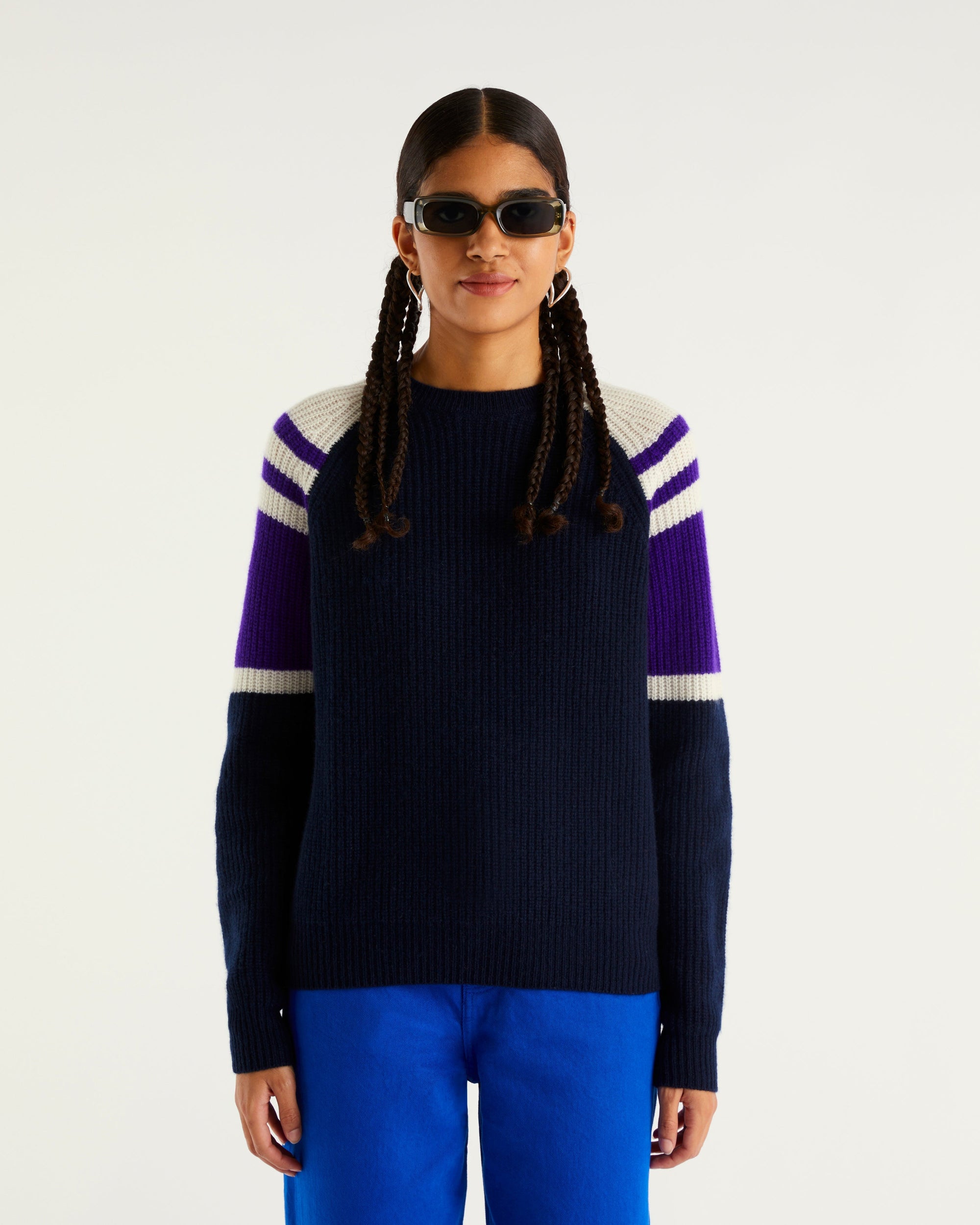 Pull à col rond maille perlée tricolore en cachemire - Navy