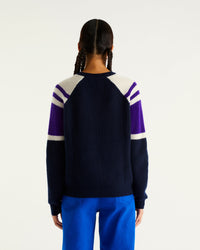 Pull à col rond maille perlée tricolore en cachemire - Navy