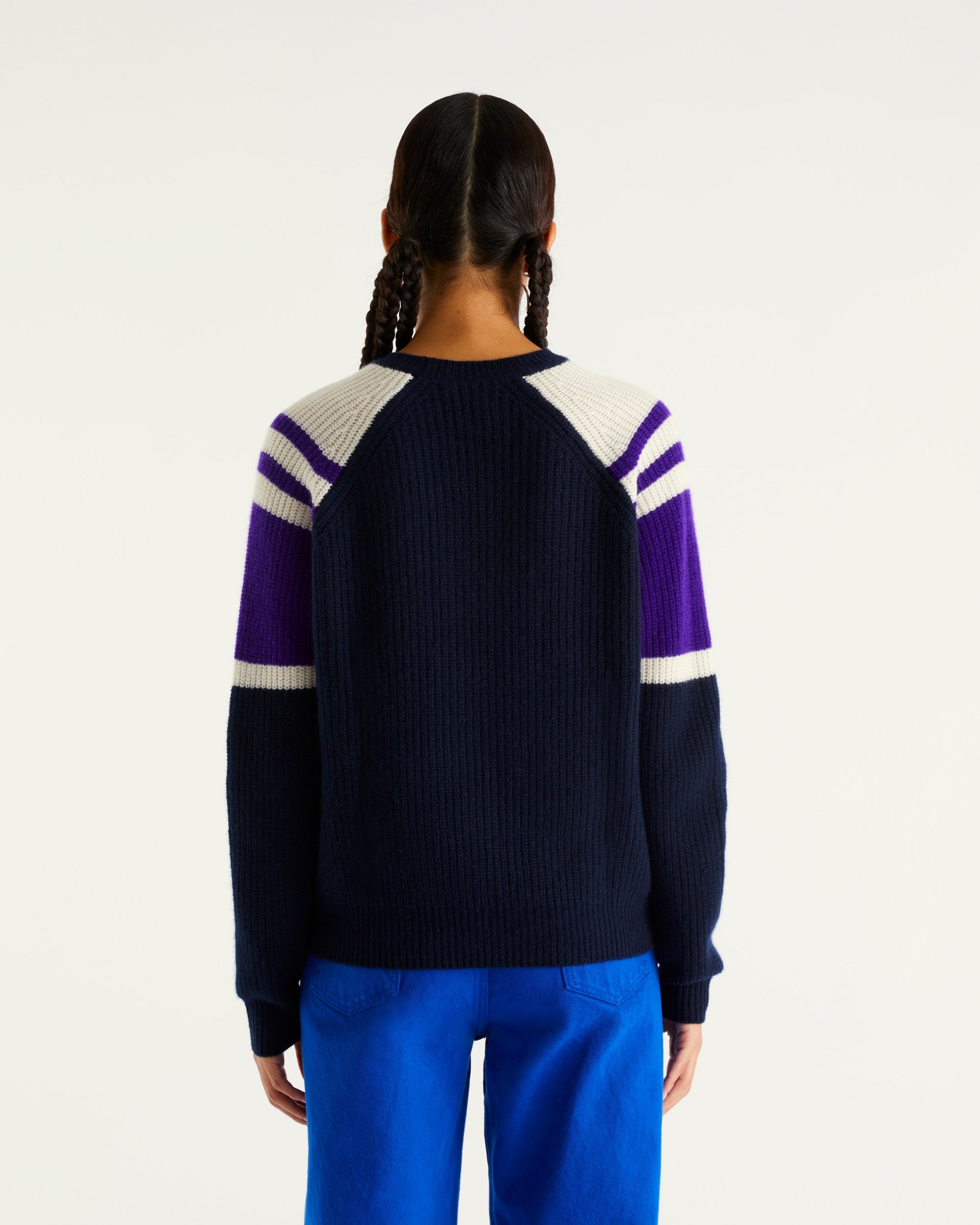 Pull à col rond maille perlée tricolore en cachemire - Navy