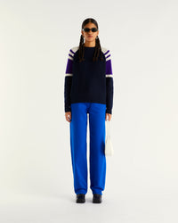 Pull à col rond maille perlée tricolore en cachemire - Navy