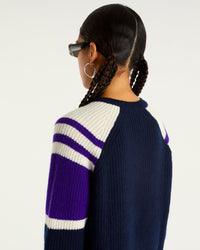 Pull à col rond maille perlée tricolore en cachemire - Navy