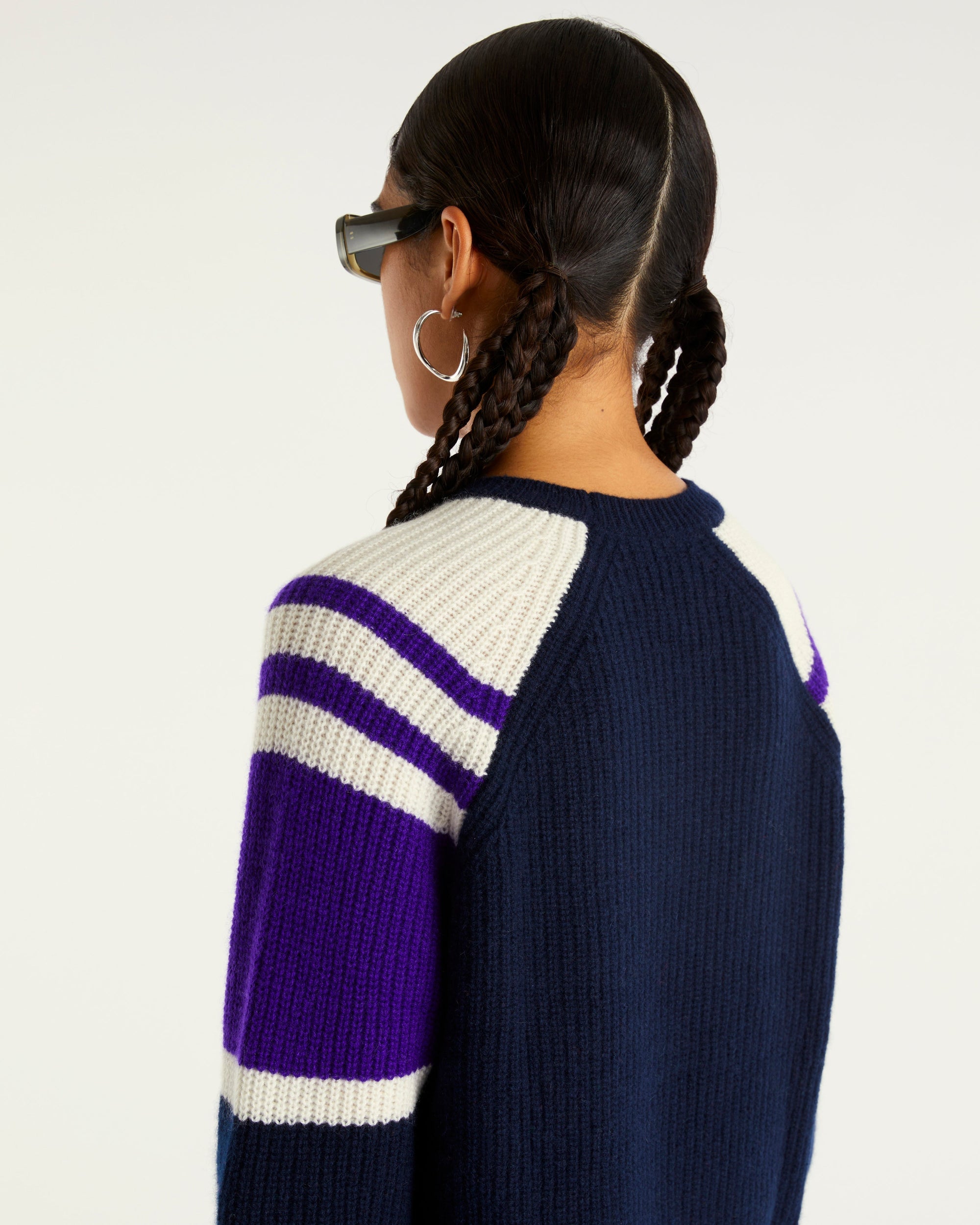 Pull à col rond maille perlée tricolore en cachemire - Navy