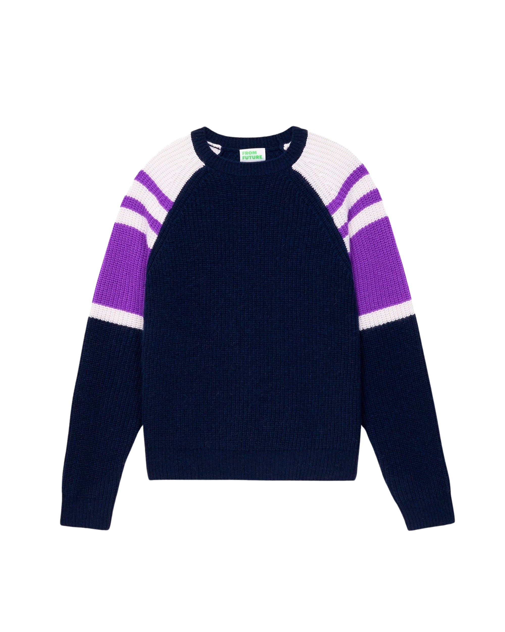 Pull à col rond maille perlée tricolore en cachemire - Navy