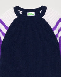 Pull à col rond maille perlée tricolore en cachemire - Navy