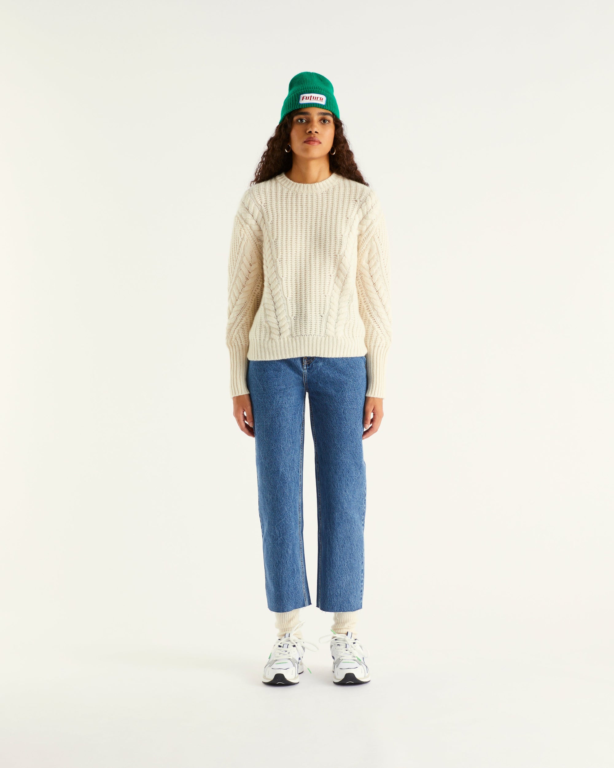 Pull à col rond maille perlée à torsades en cachemire - Ecru