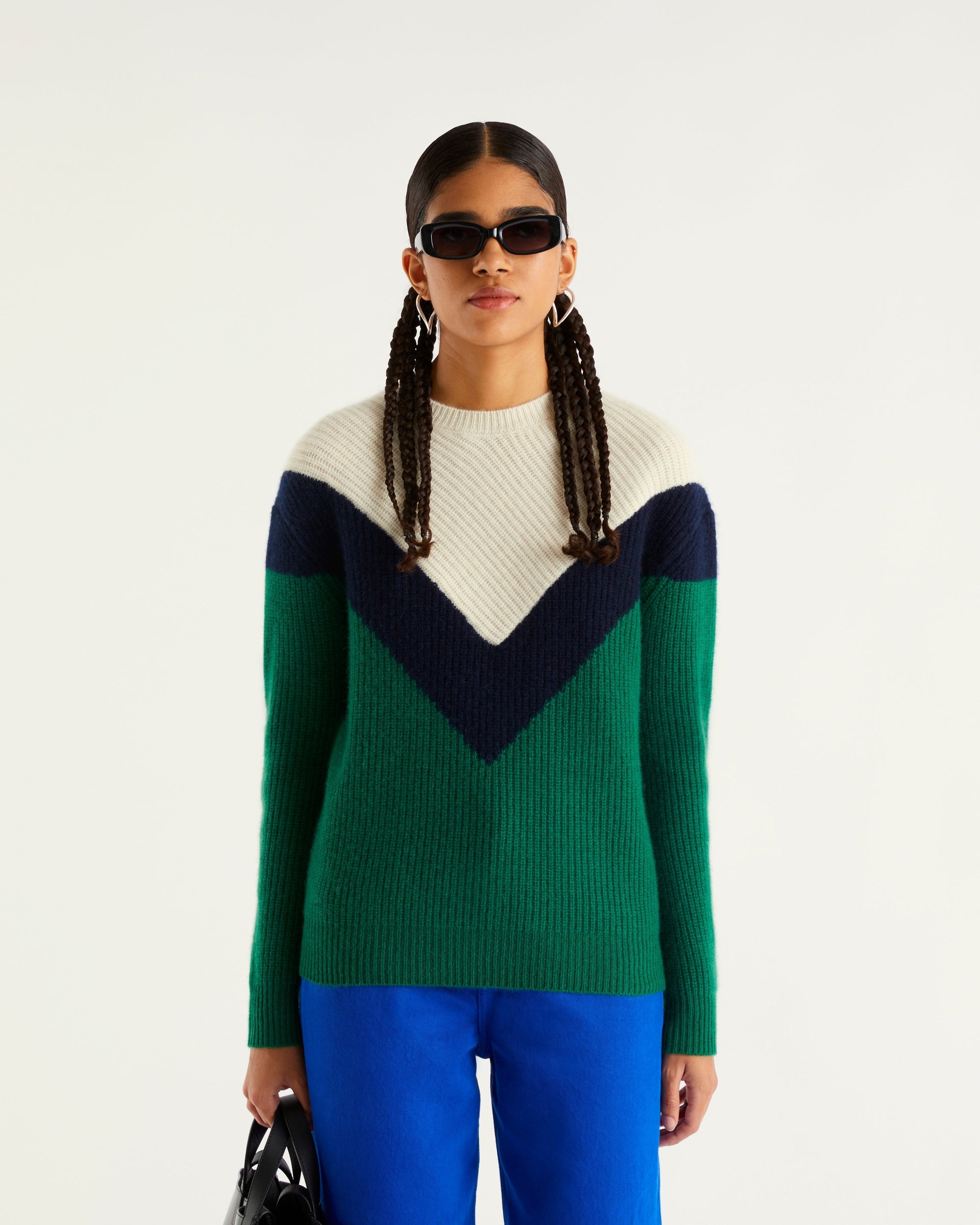 Pull à col montant maille perlée tric en cachemire - Pine Green