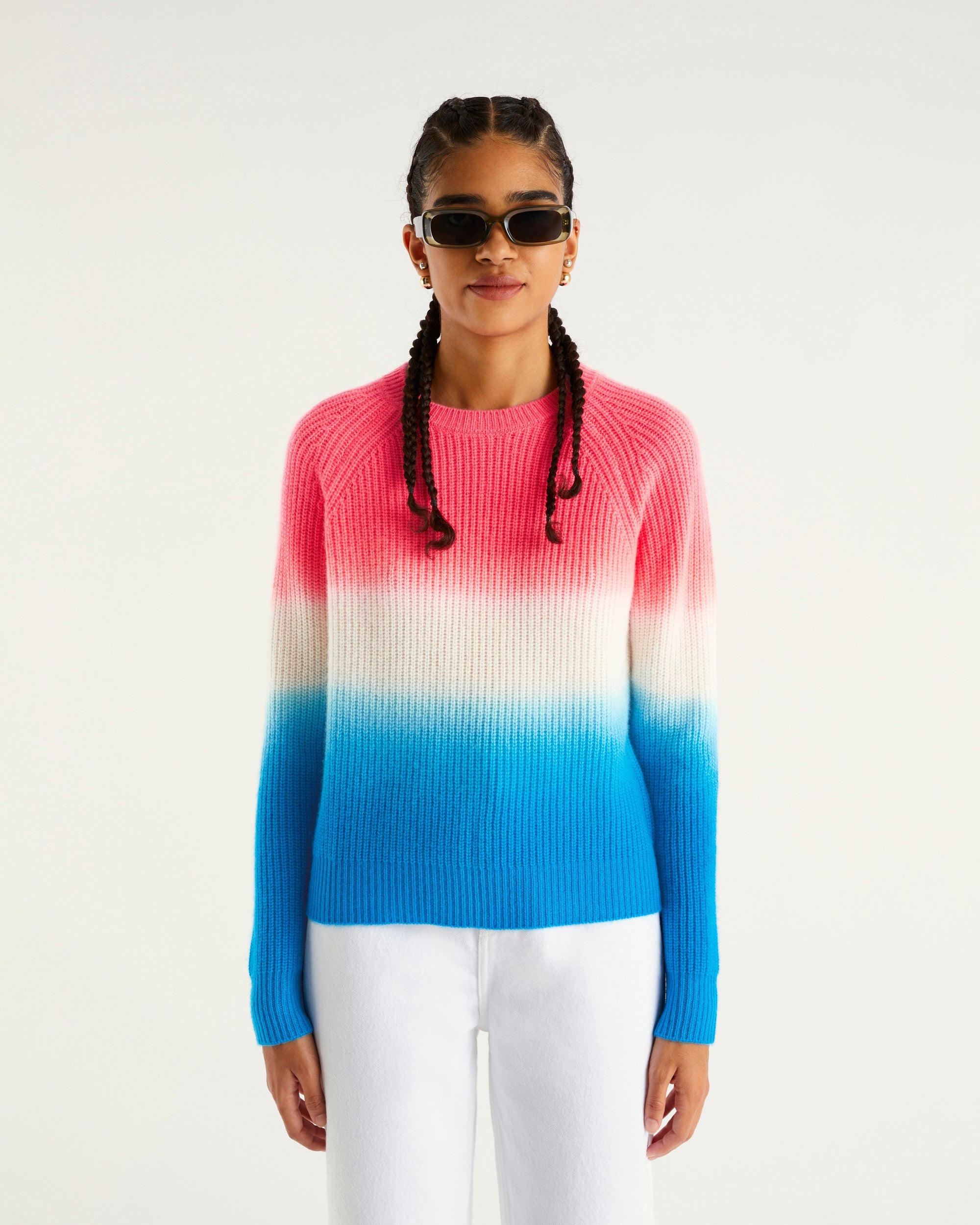 Pull à col rond maille perlée dip dye en cachemire - Tie & Dye Pink Blue