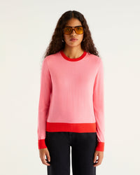 Pull court et bicolore à col rond en laine mérinos - Acid Pink
