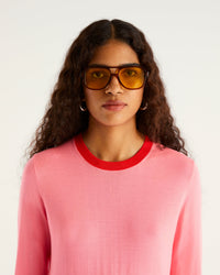 Pull court et bicolore à col rond en laine mérinos - Acid Pink