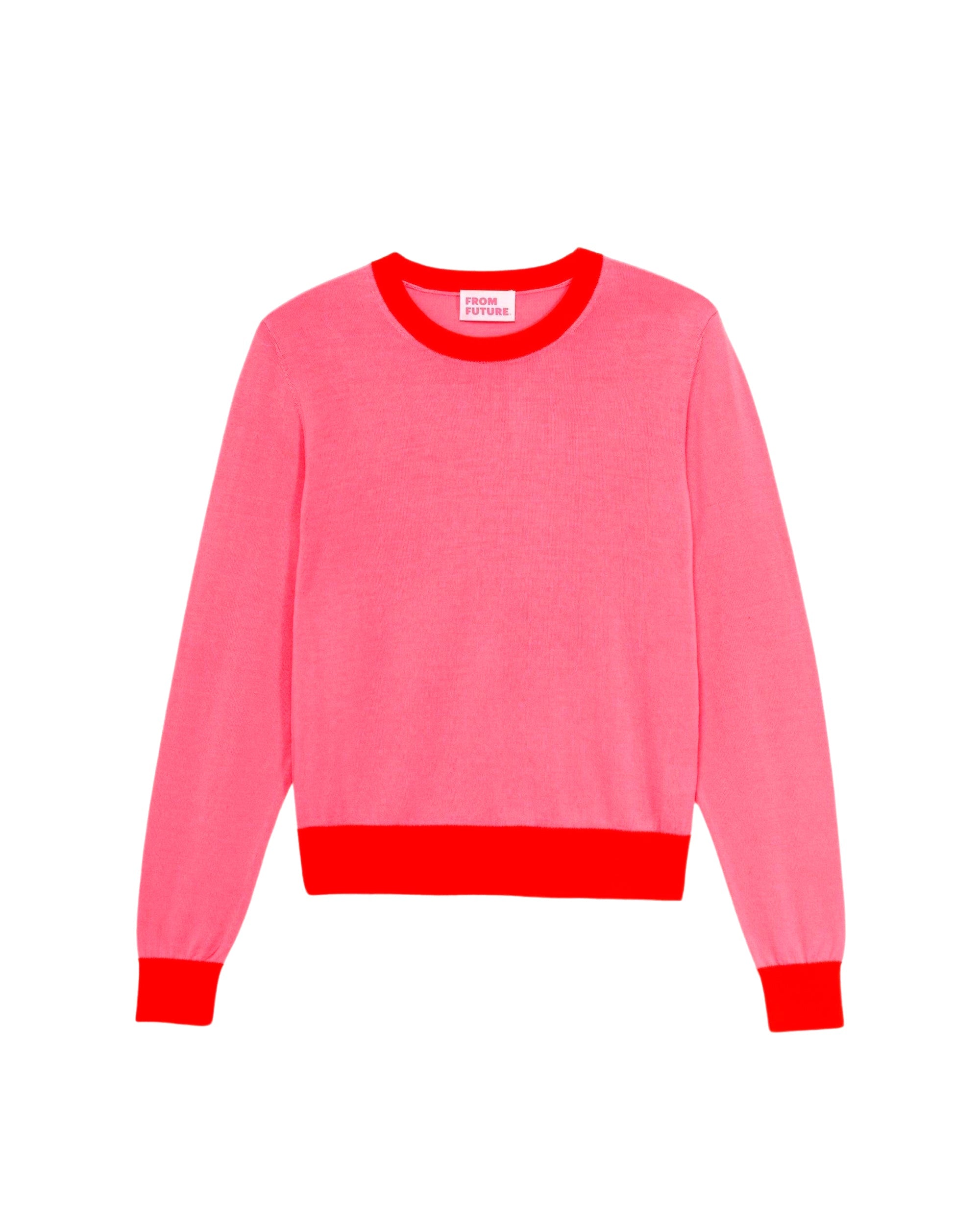 Pull court et bicolore à col rond en laine mérinos - Acid Pink