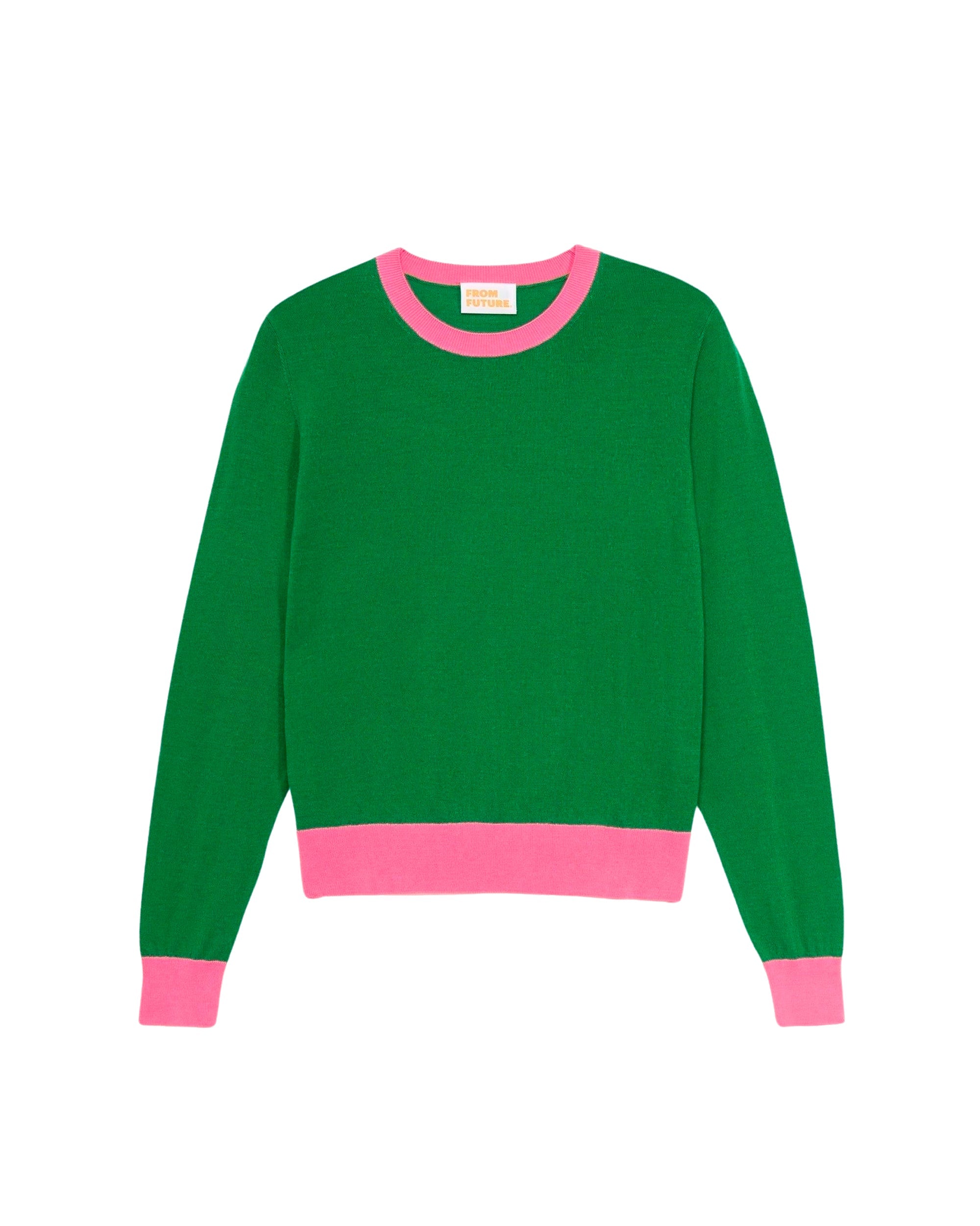 Pull court et bicolore à col rond en laine mérinos - Grass Green