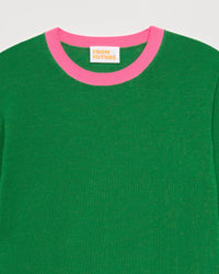 Pull court et bicolore à col rond en laine mérinos - Grass Green