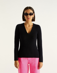 Pull fin à col V Light en cachemire - Black