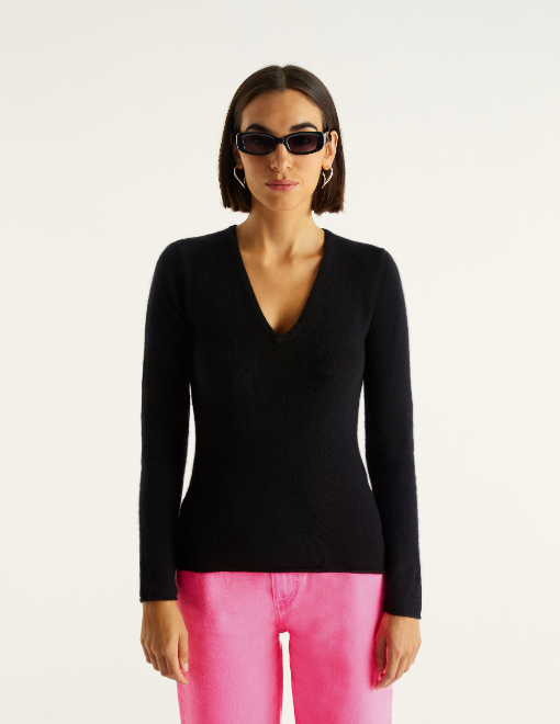 Pull fin à col V Light en cachemire - Black