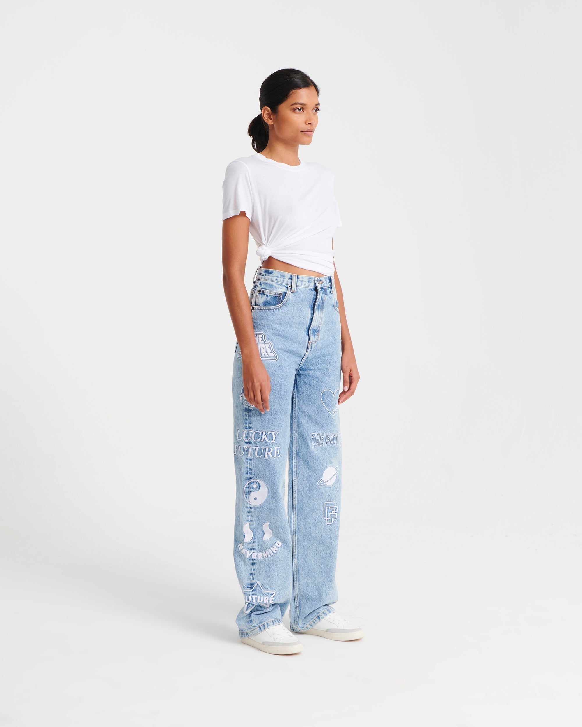 Jean large brodé patchwork - Pale Blue