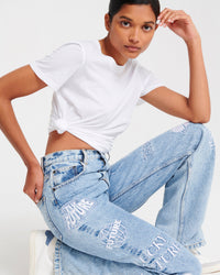 Jean large brodé patchwork - Pale Blue