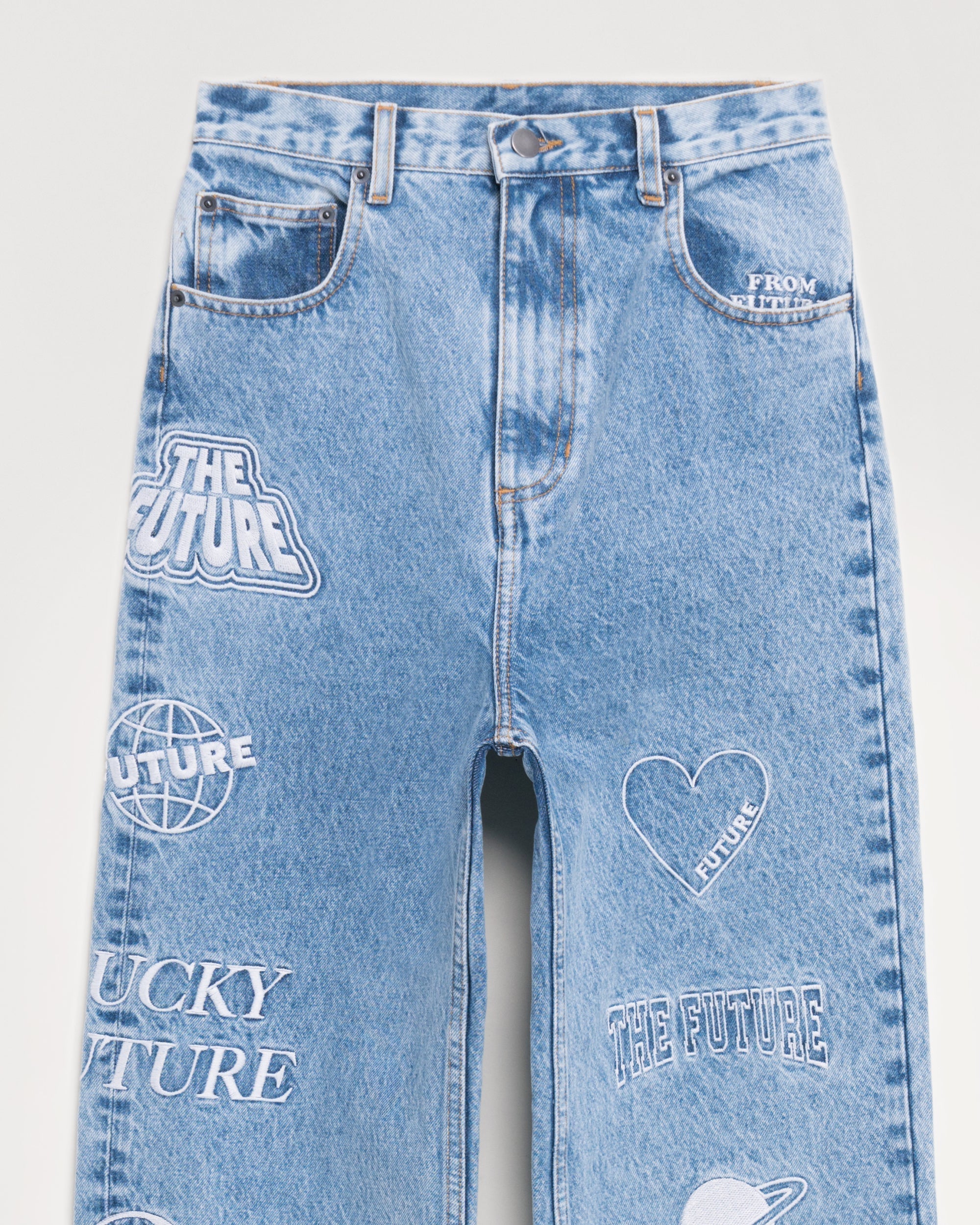 Jean large brodé patchwork - Pale Blue