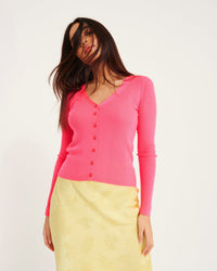 Cardigan à côtes en laine mérinos - Rainbow Pink