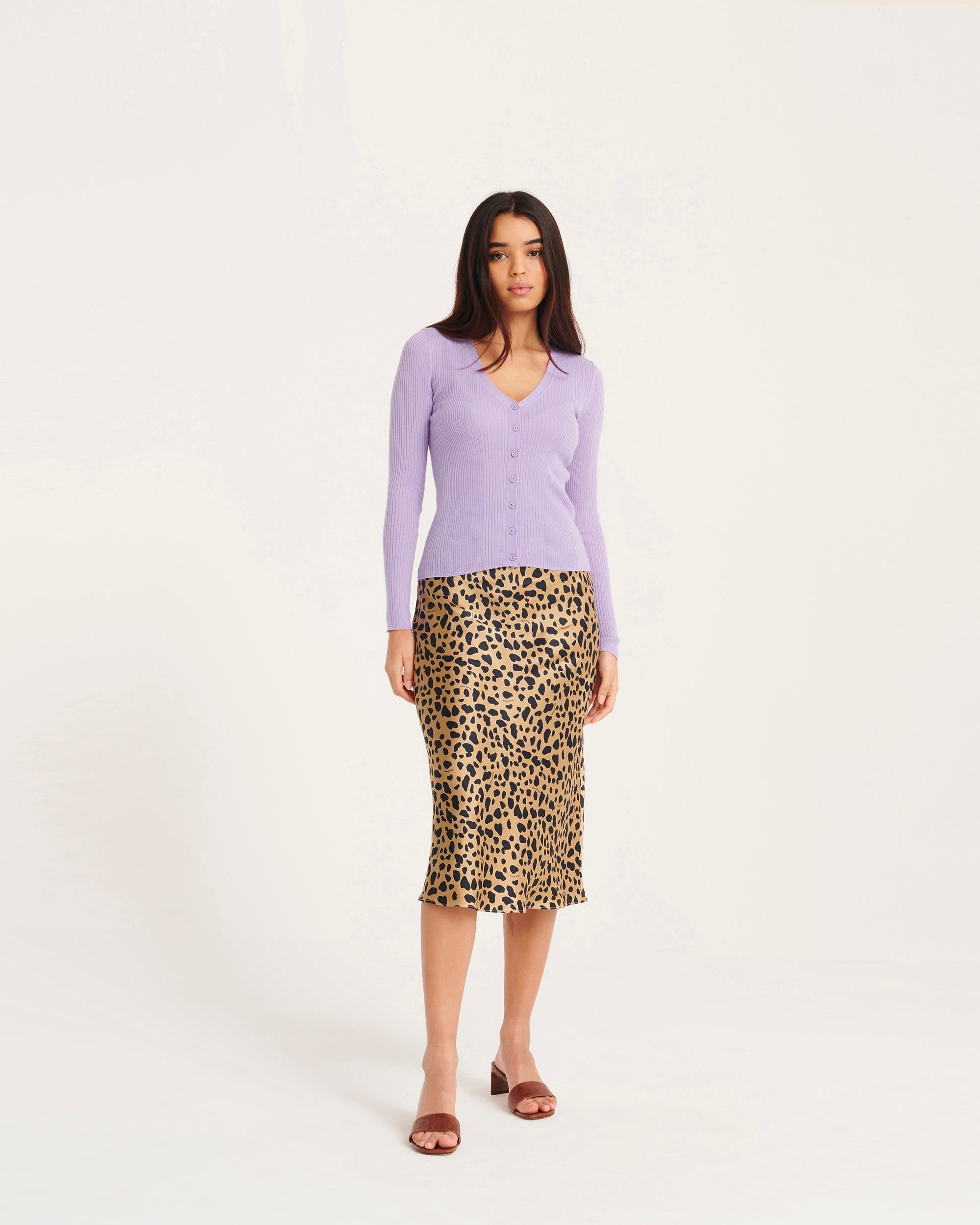 Cardigan à côtes en laine mérinos - Lilac