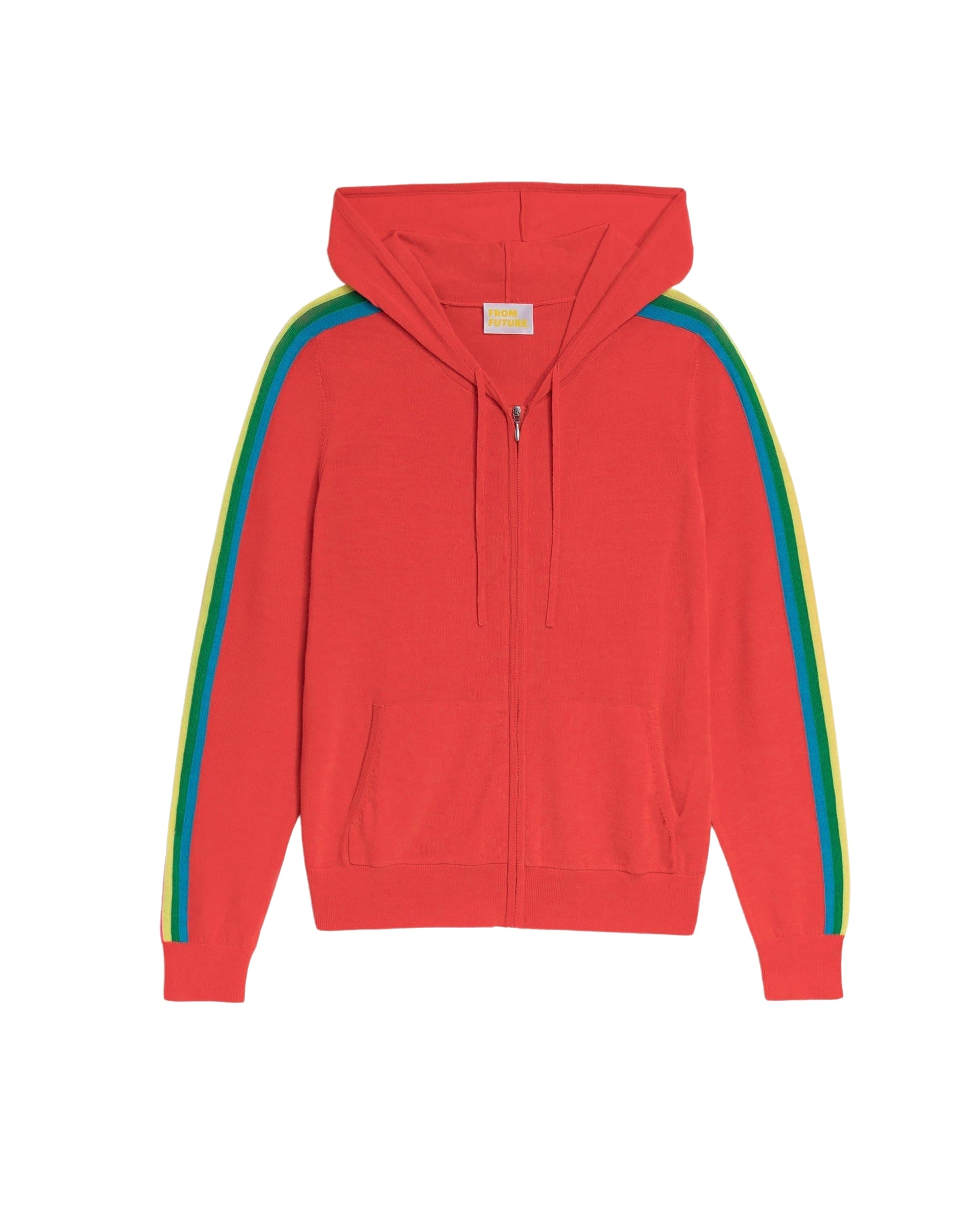 Hoodie zippé à bande multicolore en laine mérinos - Neon Orange
