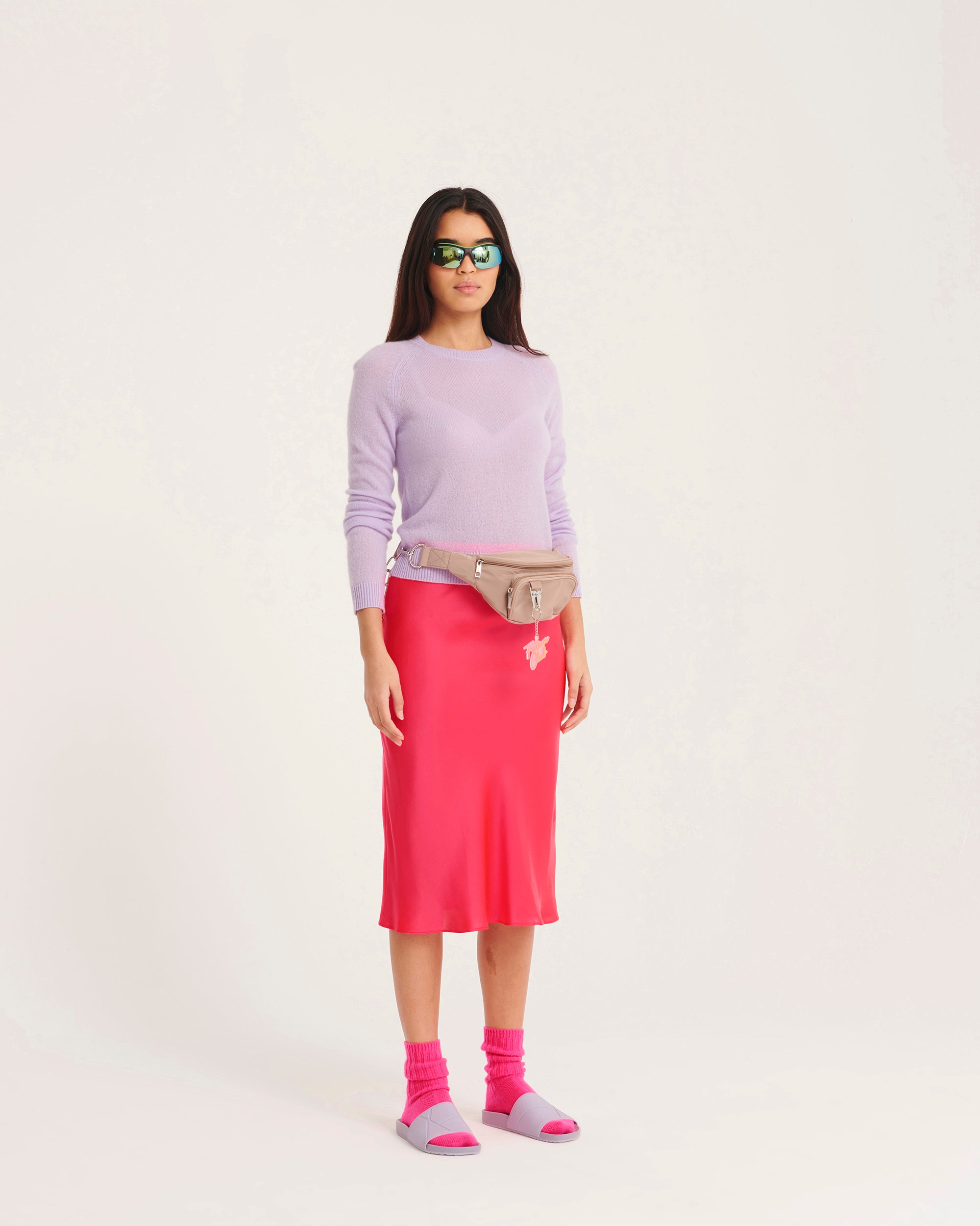 Pull fin à col rond et manches raglans en cachemire - Pop Pink