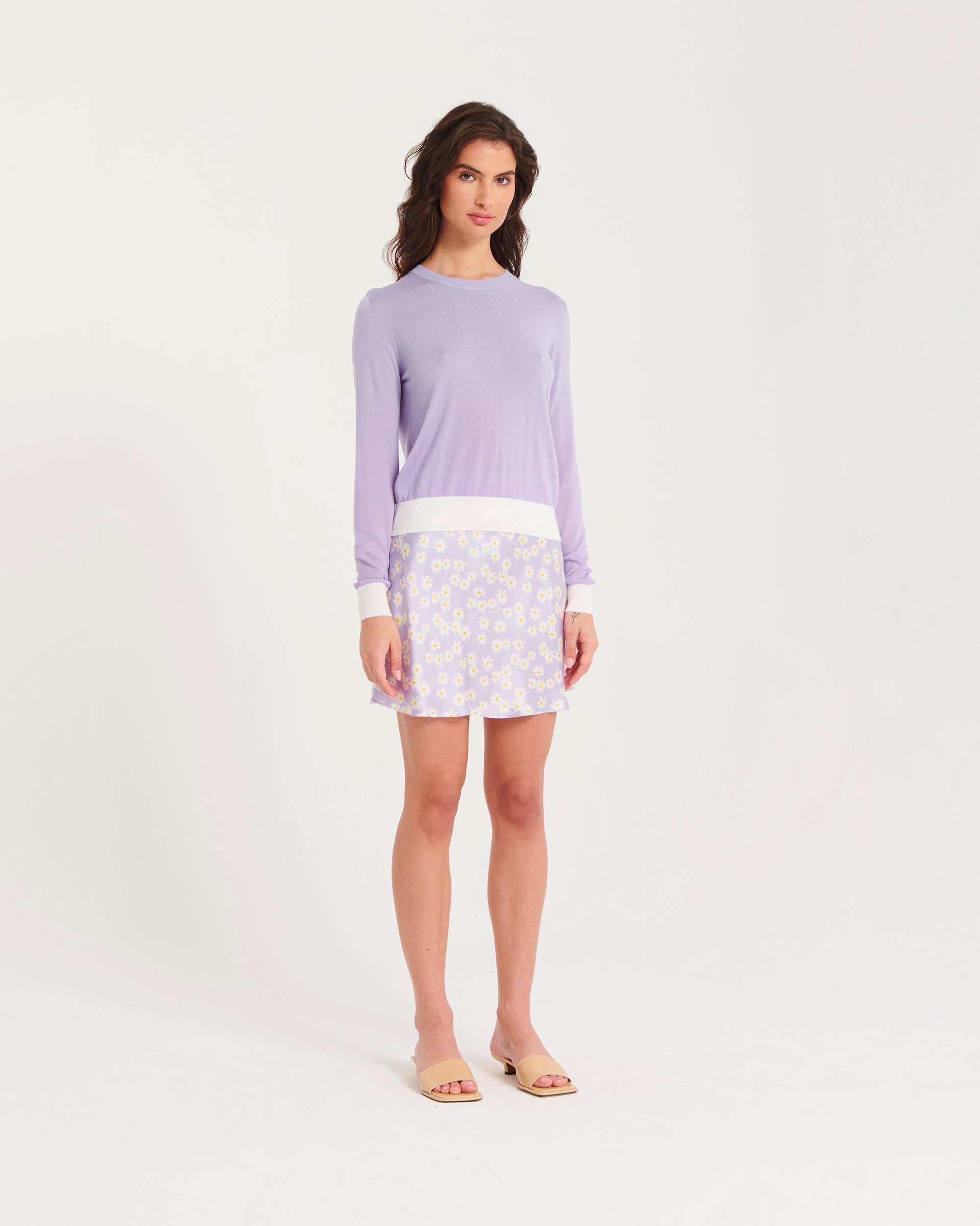 Pull court à col rond bicolore en laine mérinos - Lilac