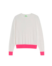 Pull court à col rond bicolore en laine mérinos - Ecru