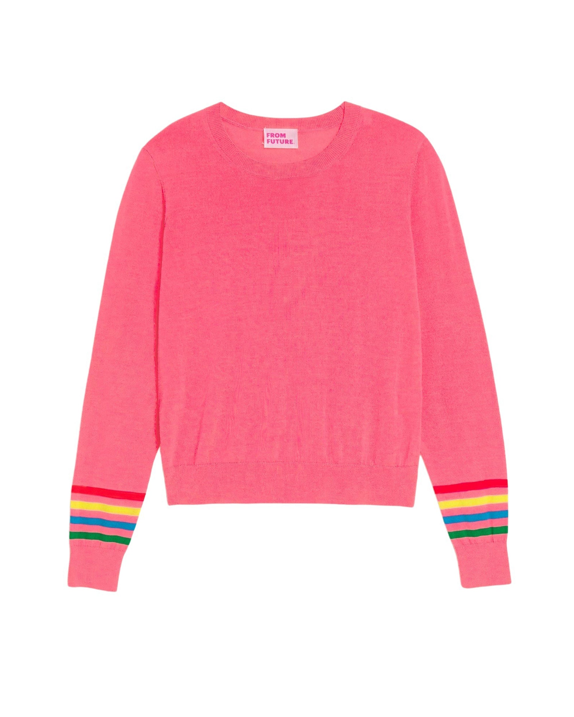 Pull col rond à rayures en laine mérinos - Rainbow Pink