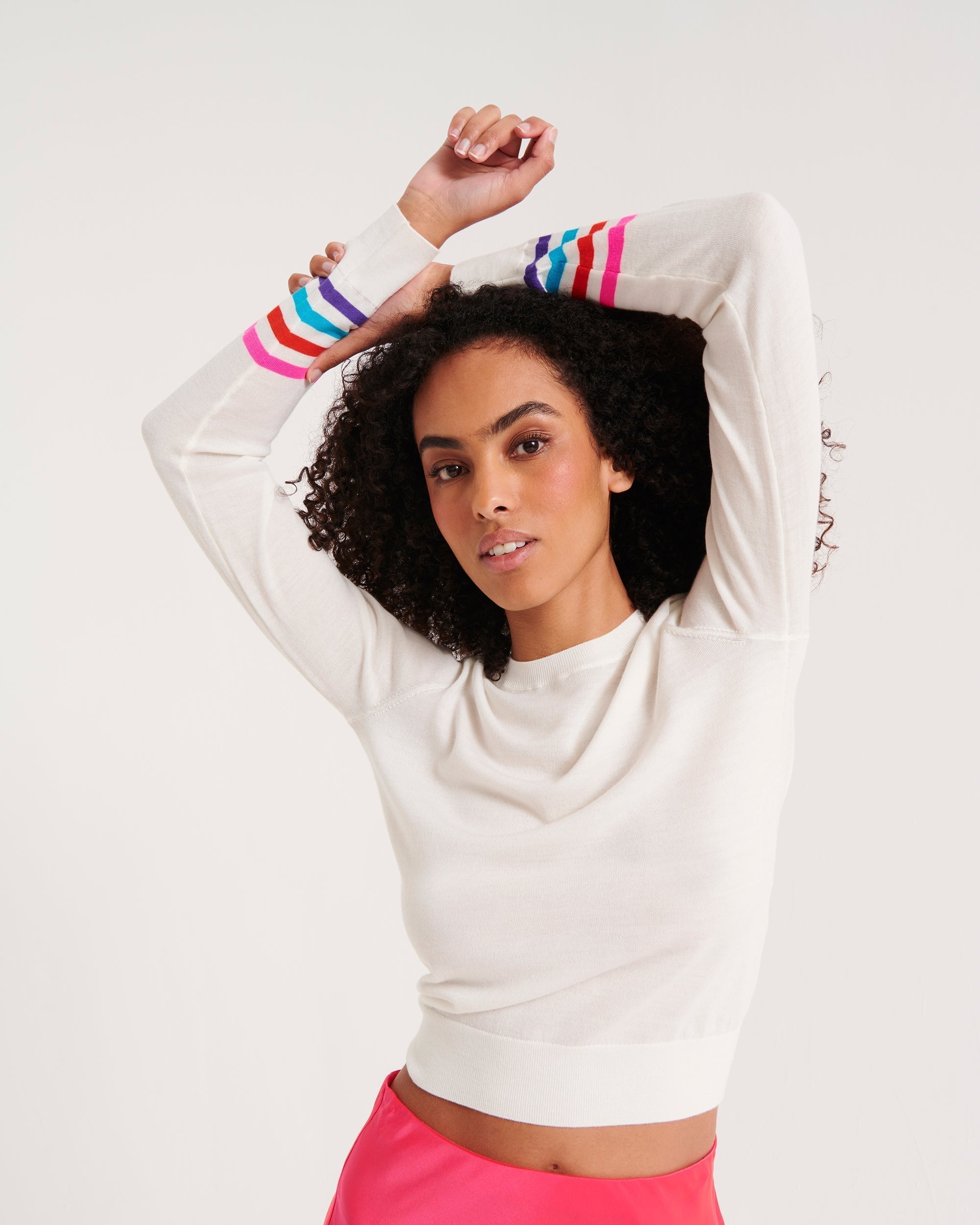 Pull col rond à rayures en laine mérinos - Ecru