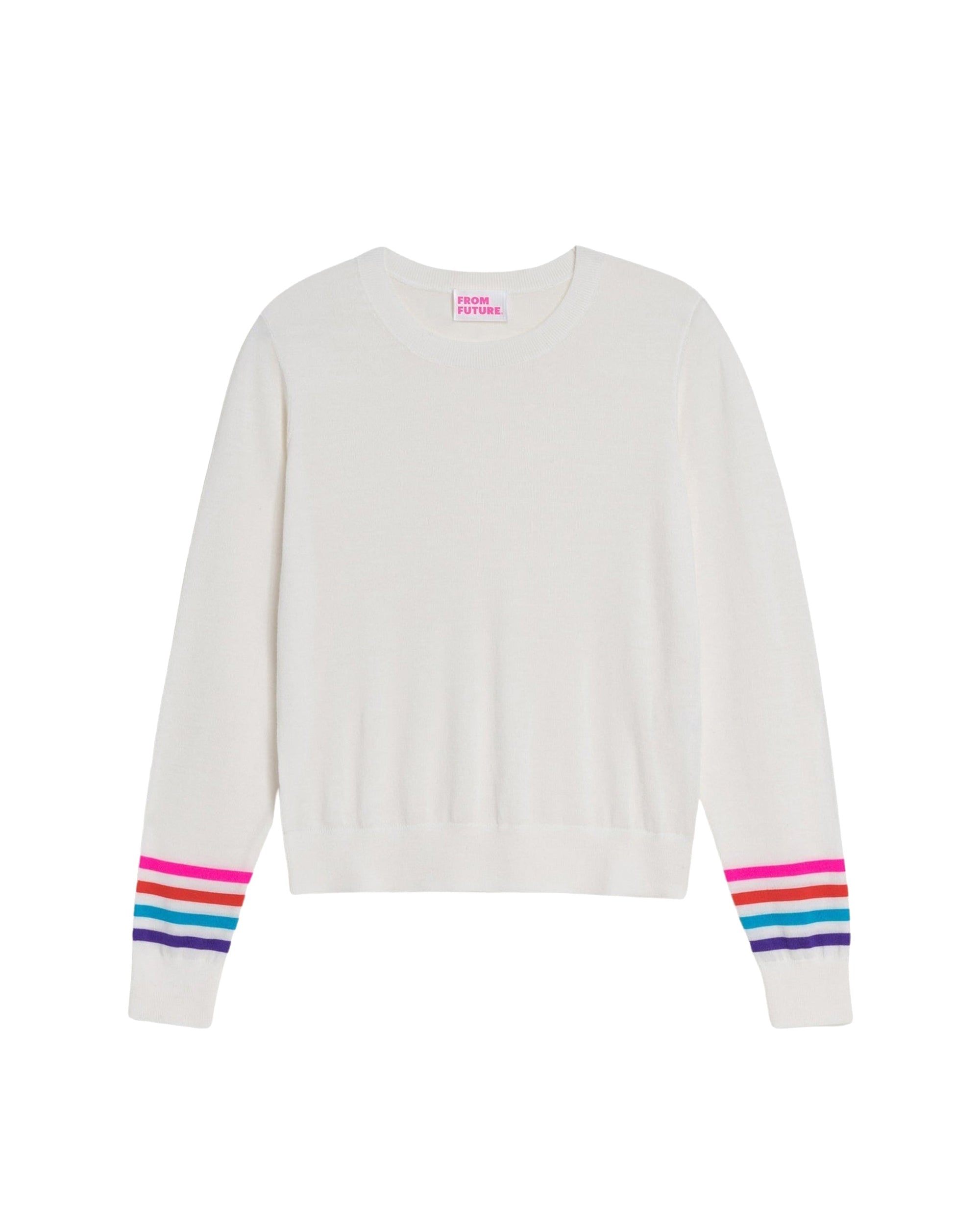 Pull col rond à rayures en laine mérinos - Ecru