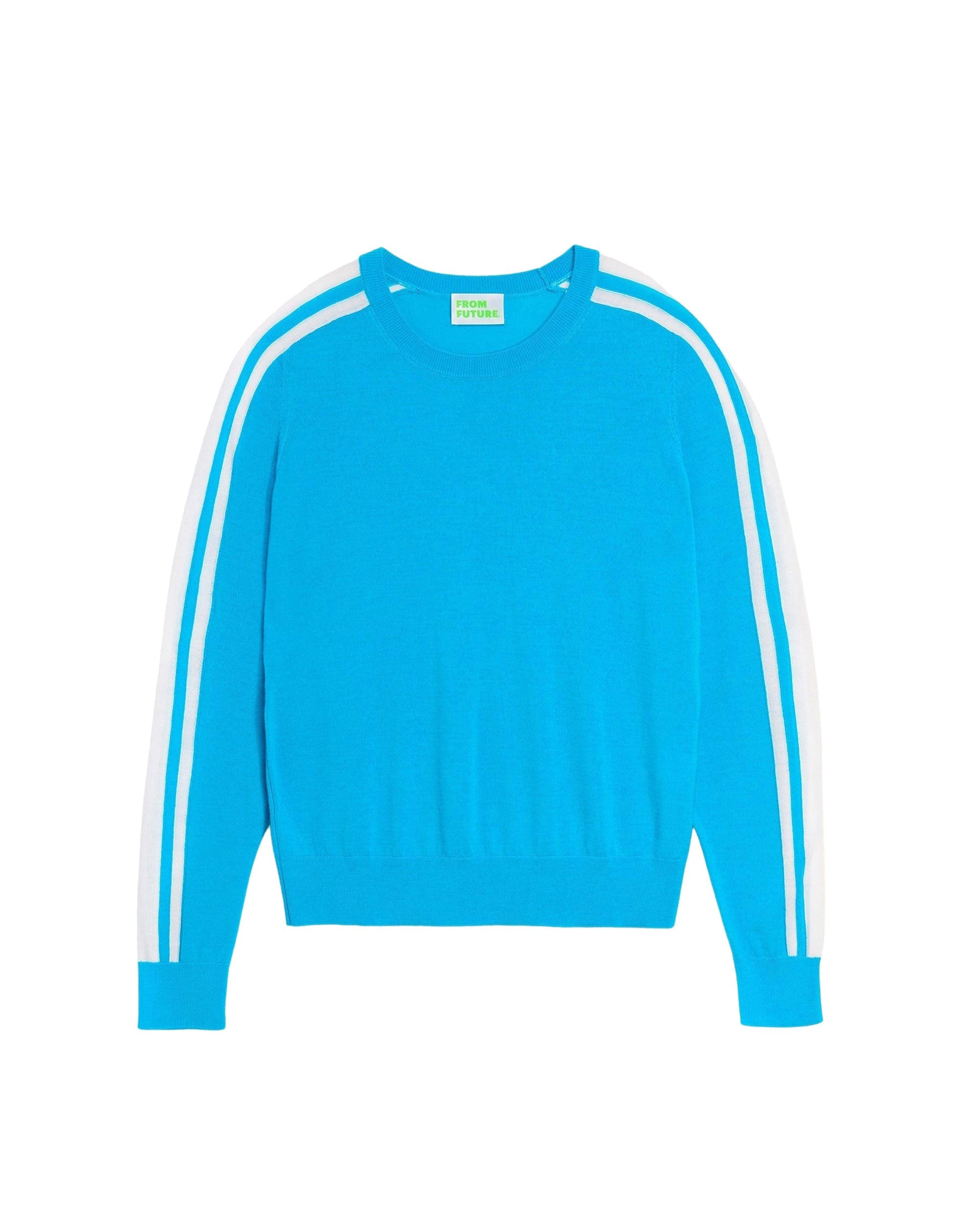 Pull à col rond à bandes en laine mérinos - Aqua Blue