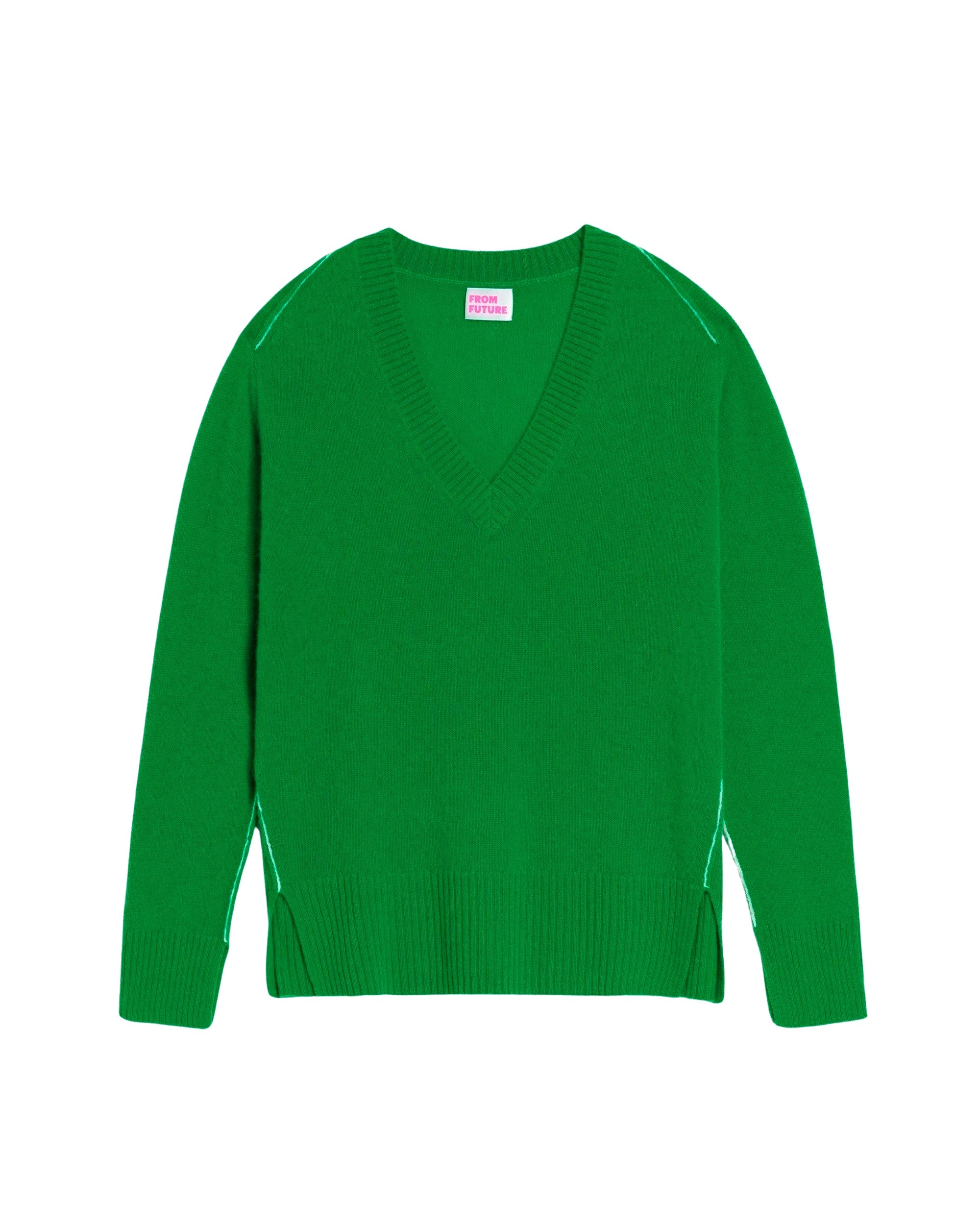 Pull à col V oversize coutures contrastées en cachemire - Summer Green