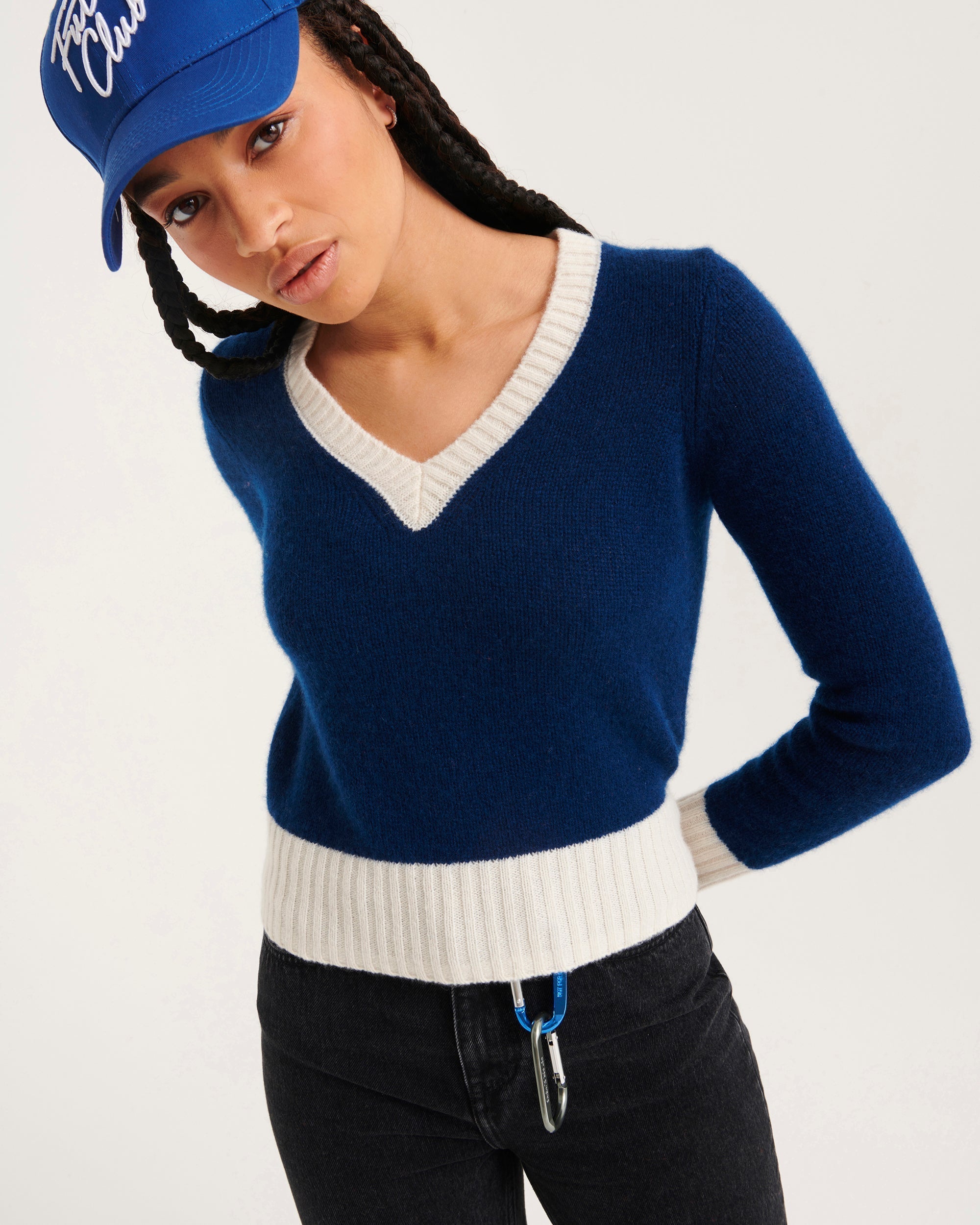 Pull court à col V bicolore en cachemire - Light Heather Gray