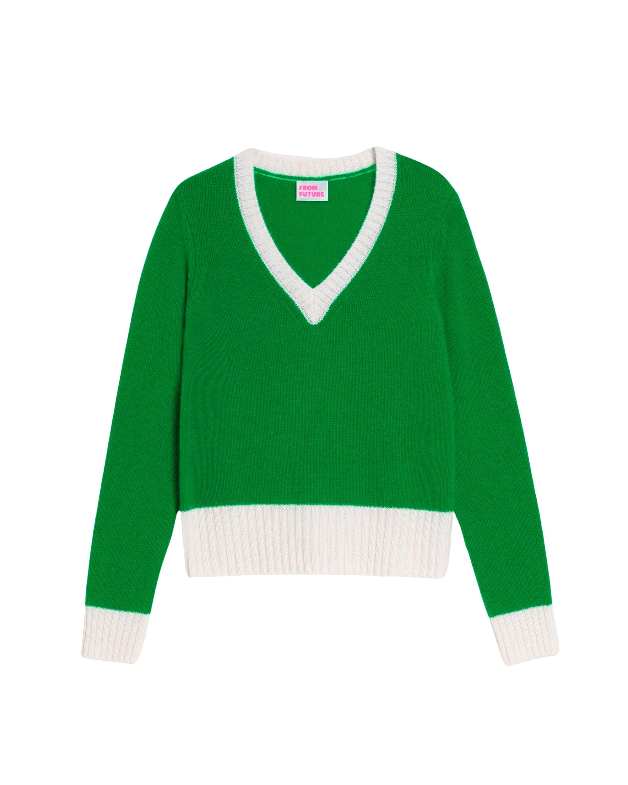 Pull court à col V bicolore en cachemire - Summer Green