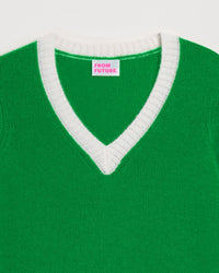 Pull court à col V bicolore en cachemire - Summer Green