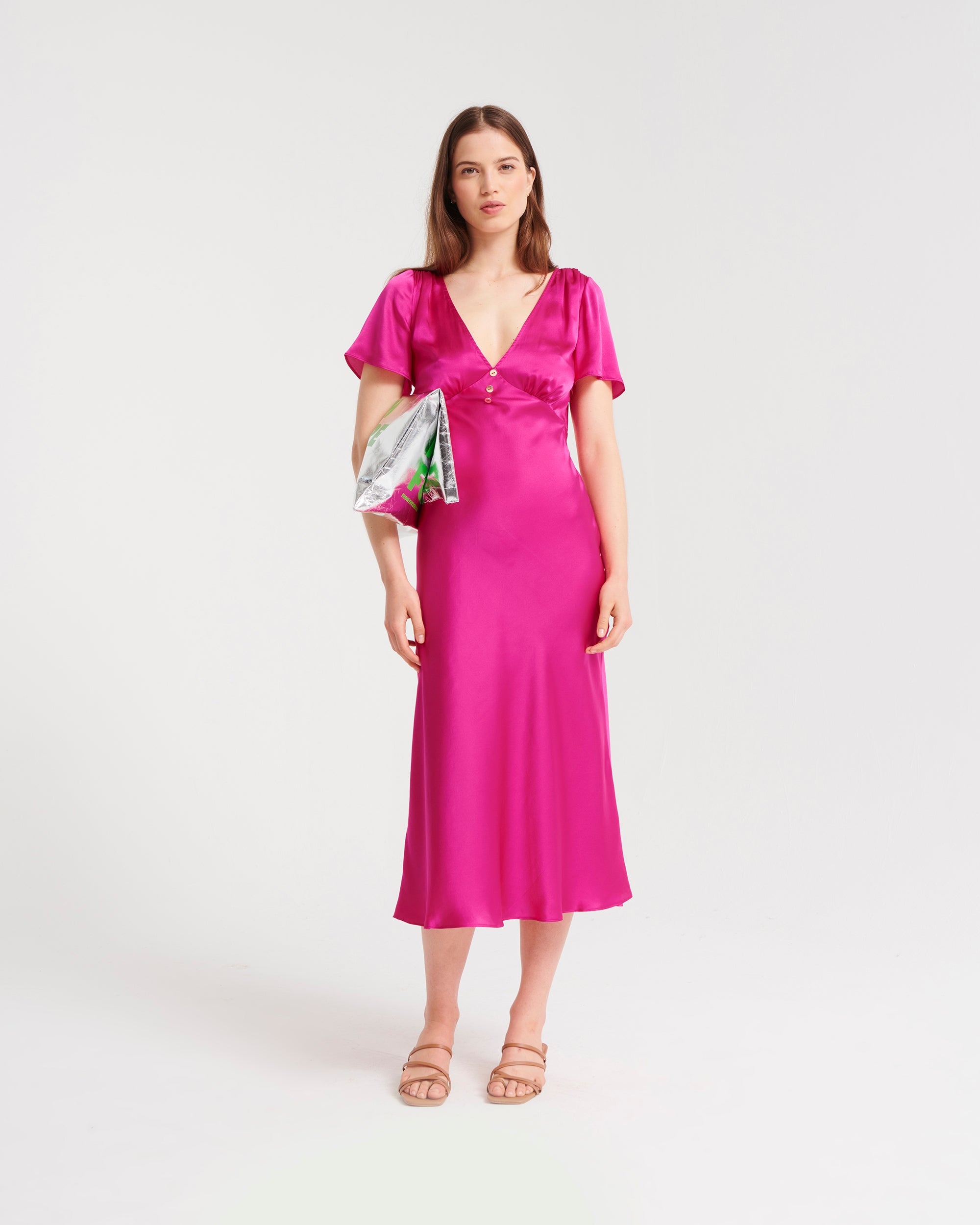 Robe longue Denise en soie - Satin Fuchsia